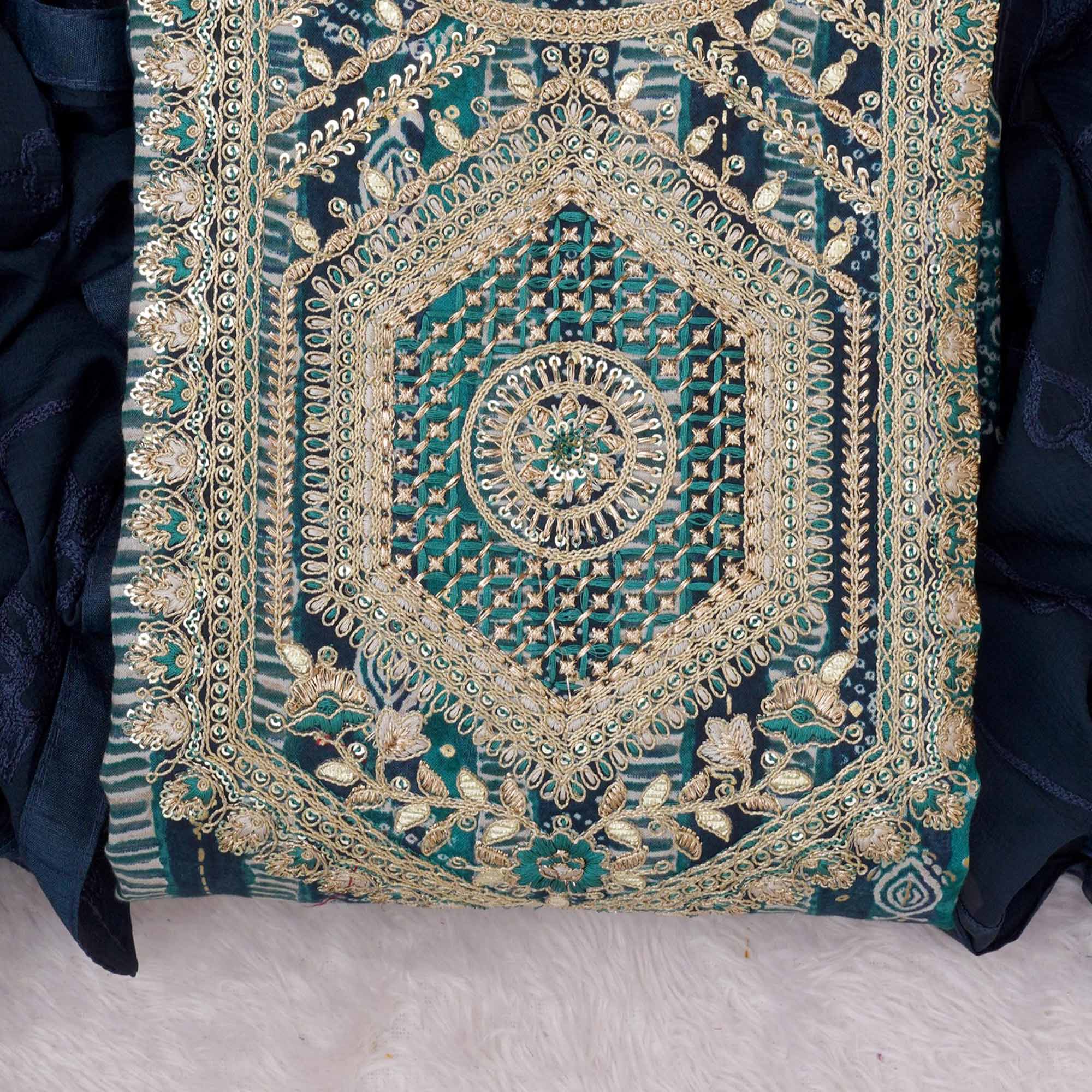 Teal Blue Bandhani Printed Rayon Dress Material