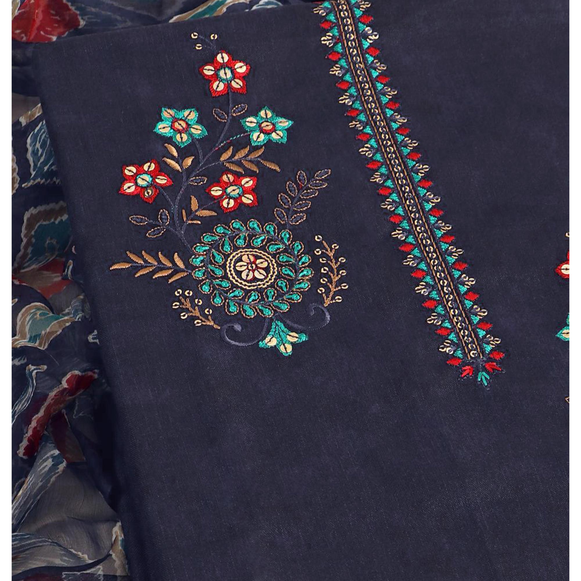 Navy Blue Floral Sequins Embroidered Pure Cotton Dress Material