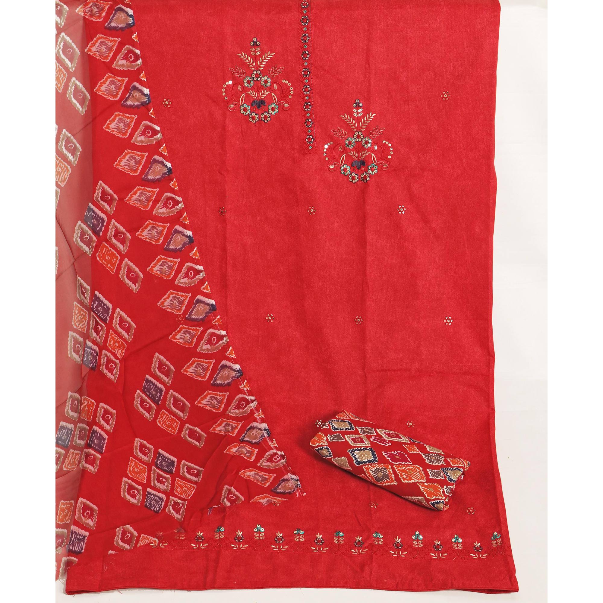 Red Floral Embroidered Pure Cotton Dress Material