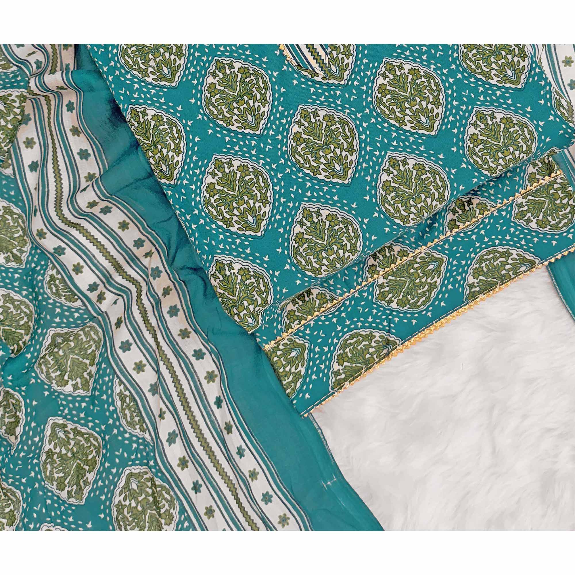 Rama Green Lightweight Pure Cotton Dress Fabric Featuring Delicate Floral Prints