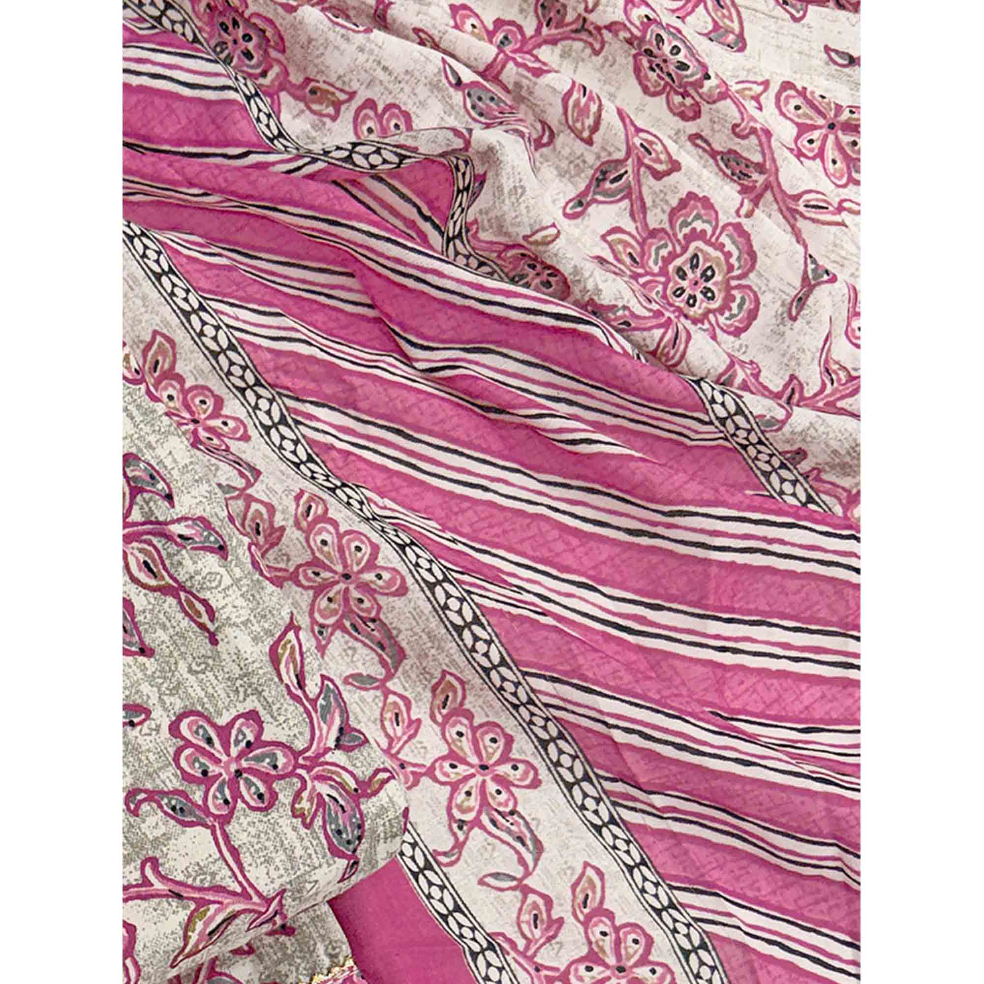 Charming Magenta Floral Printed Cotton Blend Dress Material Featuring Intricate Lace Border