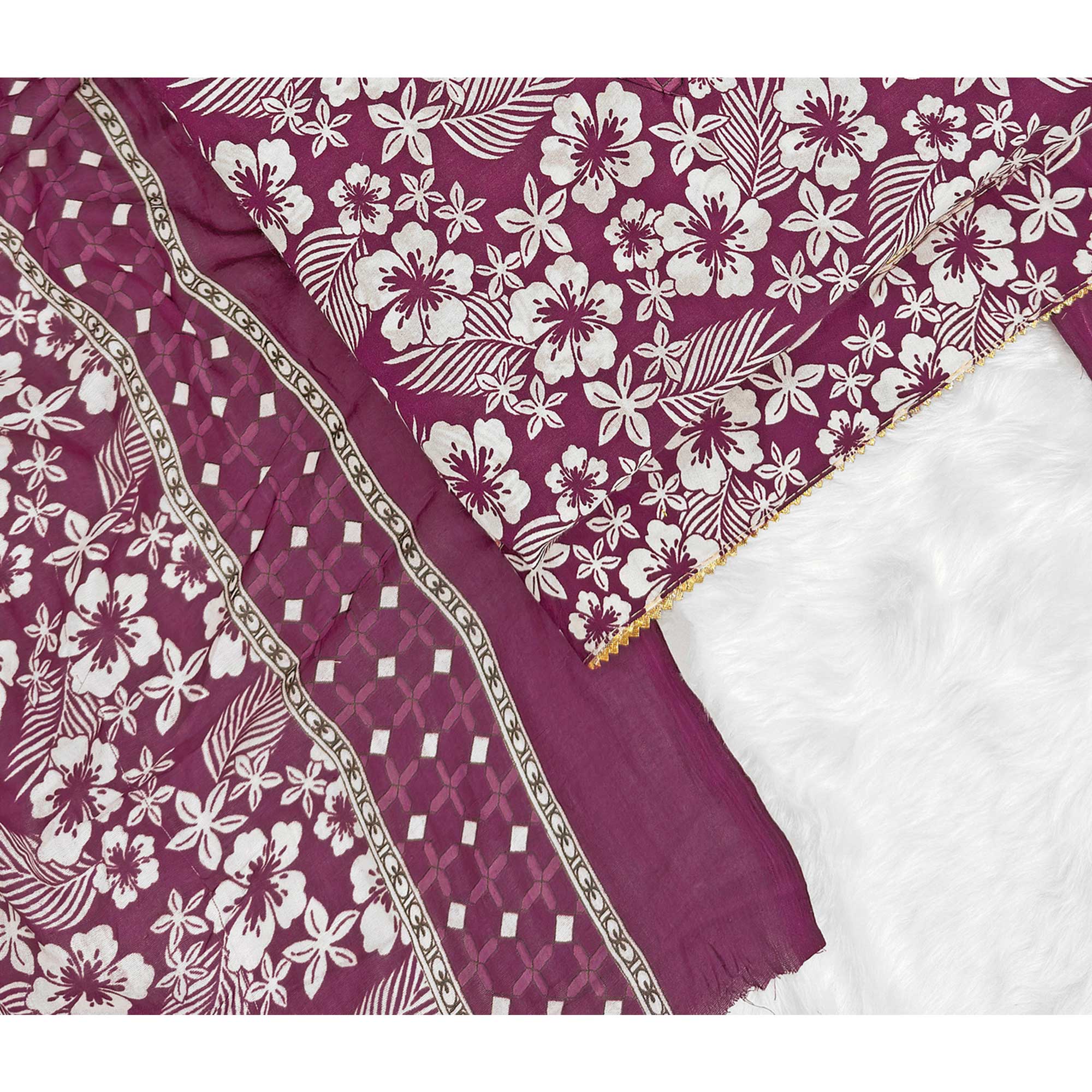 Graceful Wine Floral Printed Cotton Blend Dress Material With Lace Border