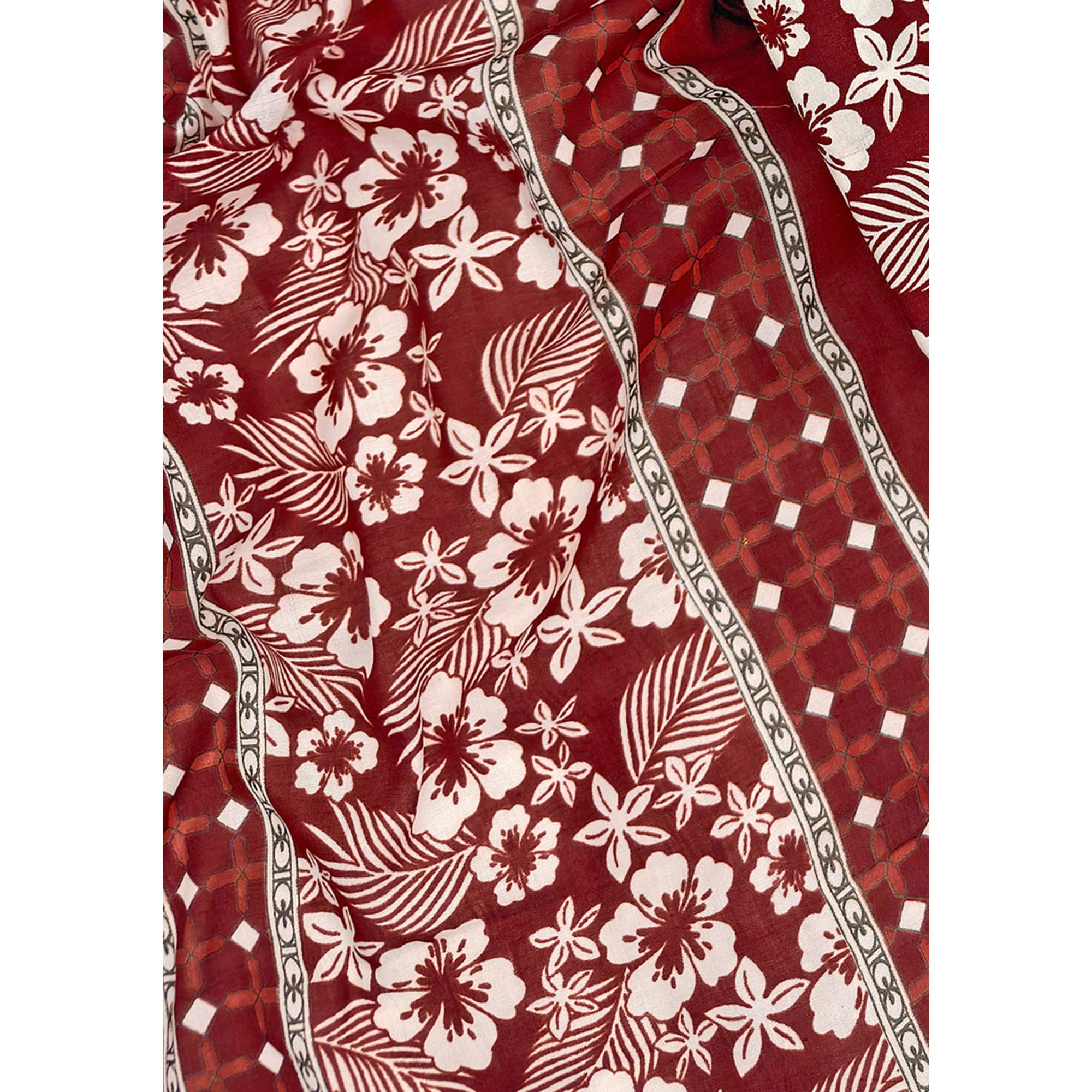 Graceful Maroon Floral Printed Cotton Blend Dress Material With Lace Border