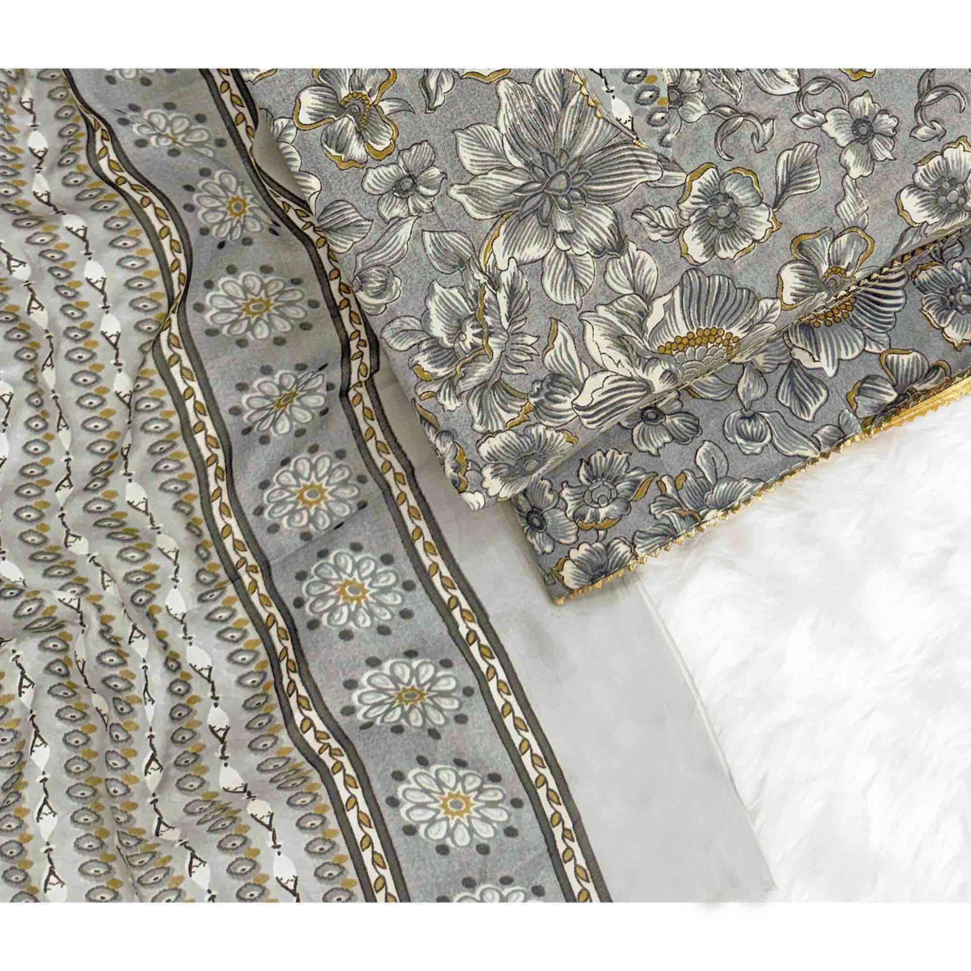 Elegant Grey Floral Printed Cotton Blend Dress Material Adorned With Intricate Lace Border