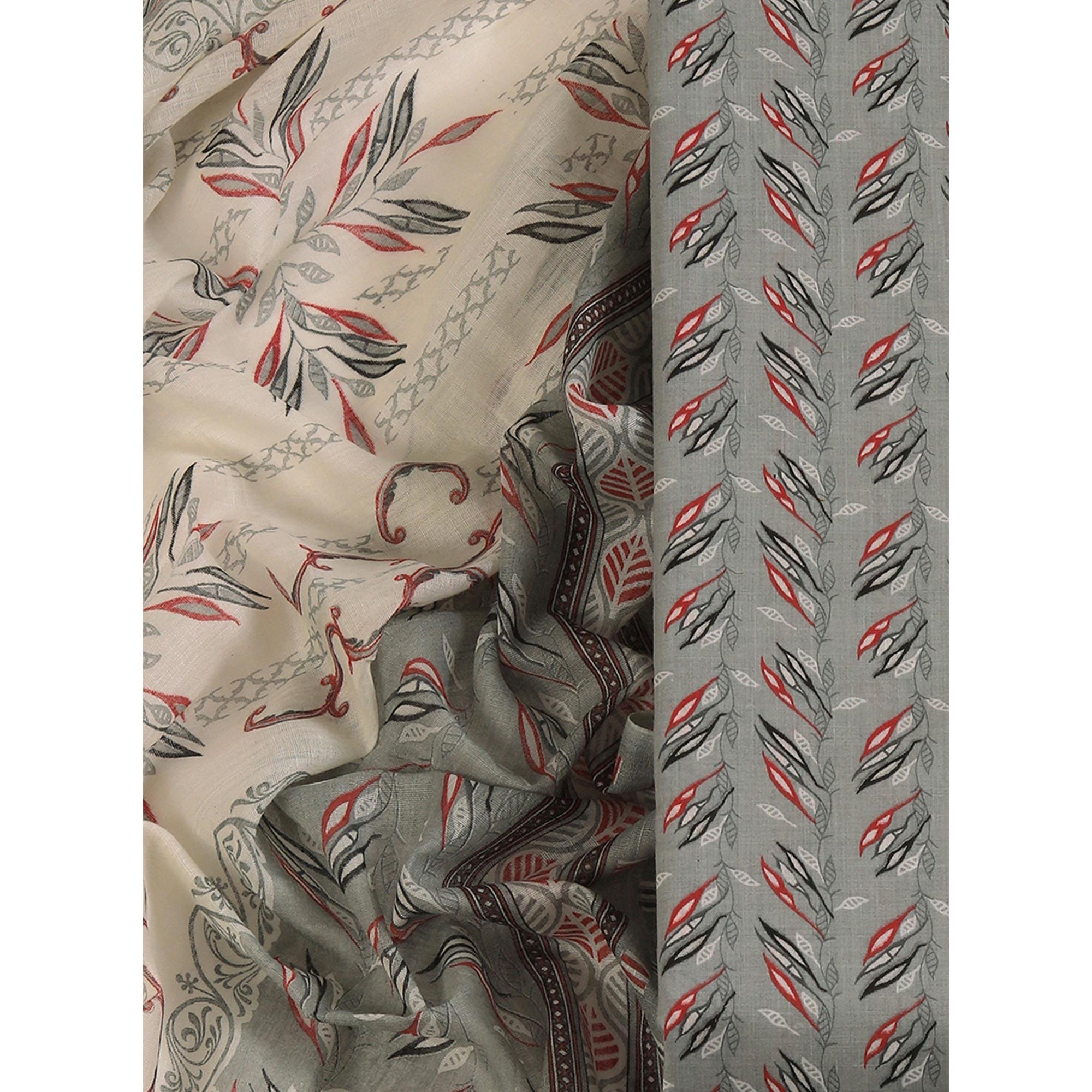 Fresh Grey Dress Material in Pure Cotton with Subtle Leaf Print Accents