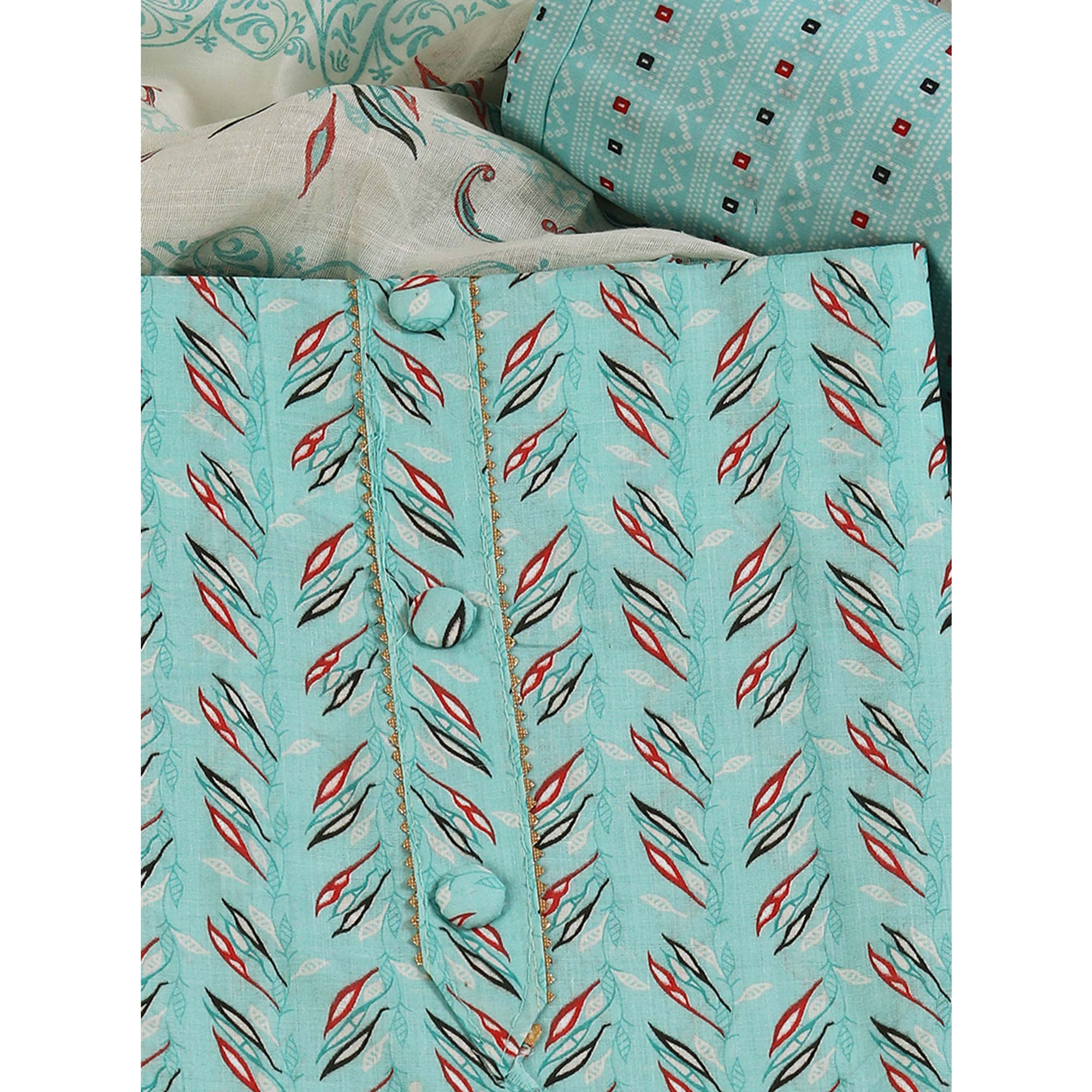 Fresh Sea Green Dress Material in Pure Cotton with Subtle Leaf Print Accents