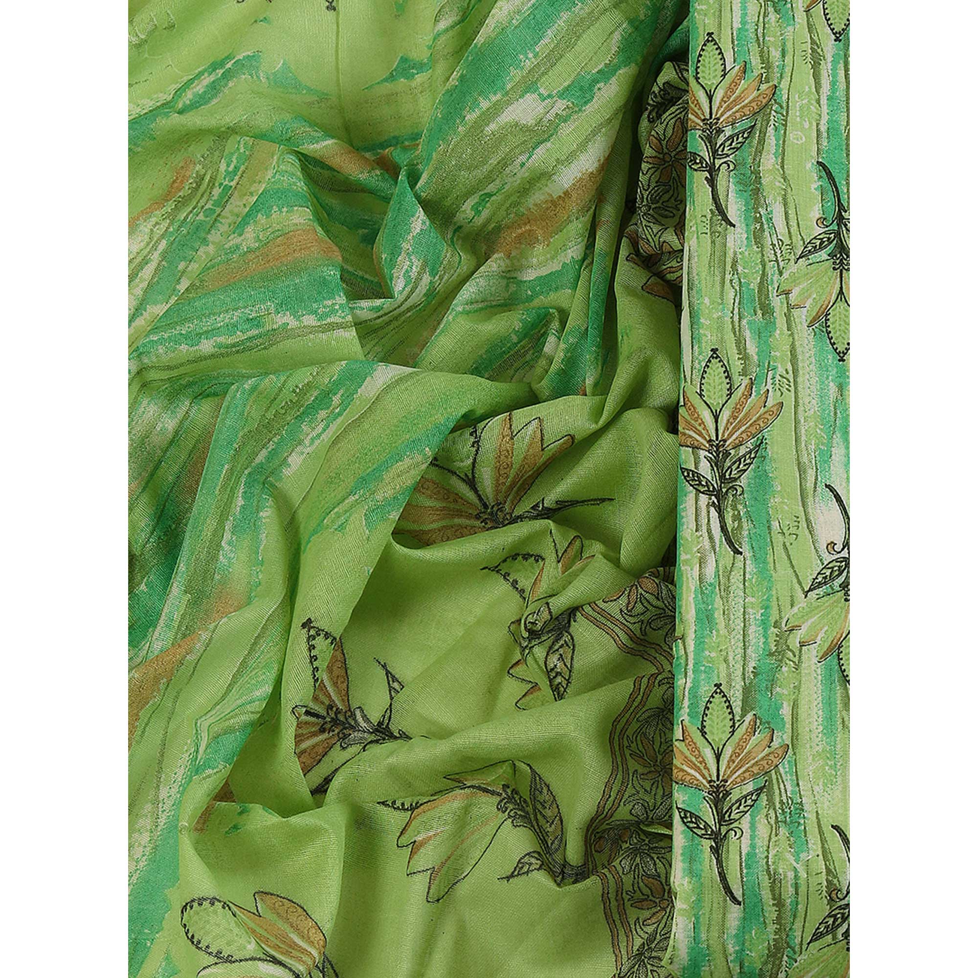 Green Pure Cotton Ensemble with All-Over Floral Motif Designs Dress Material