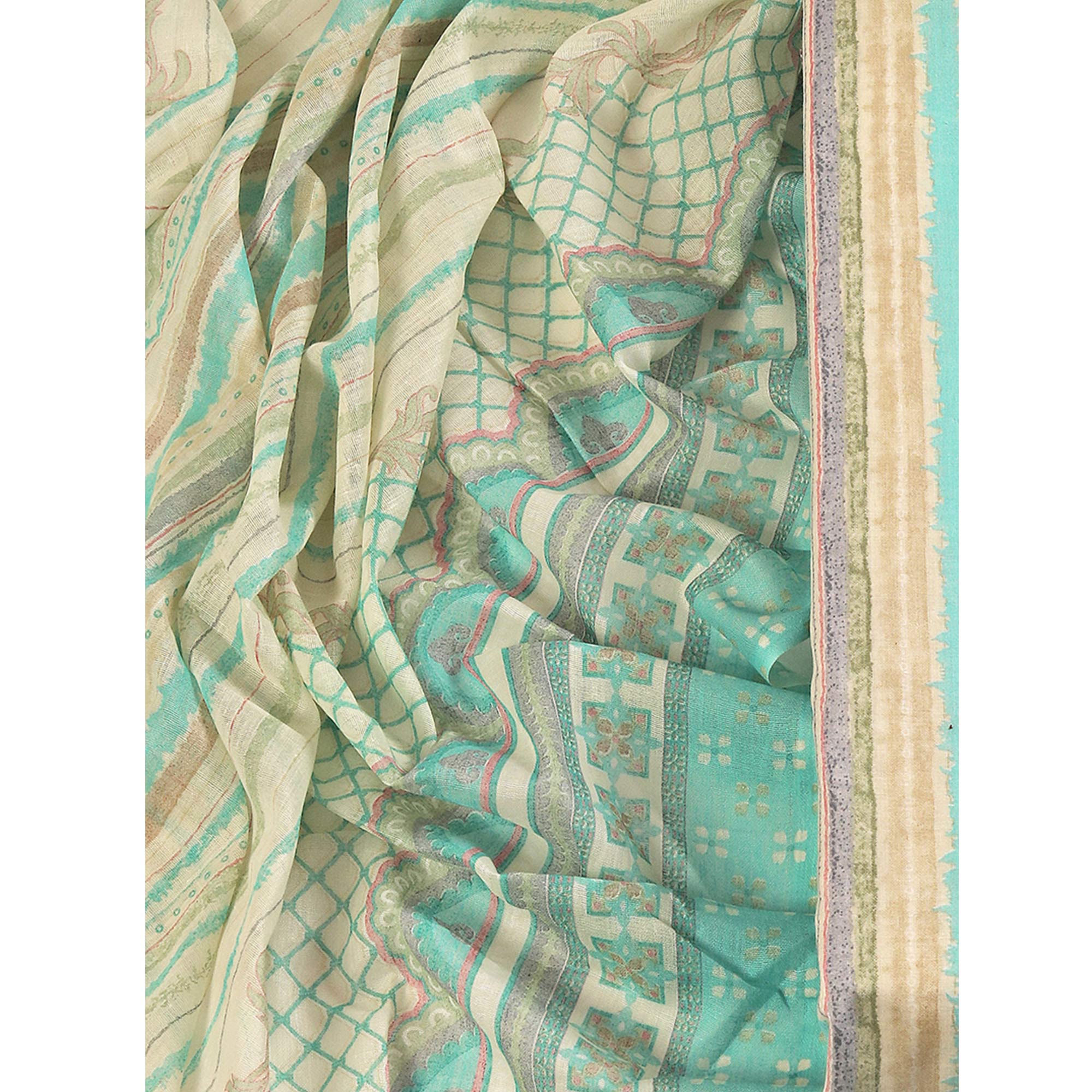 Classic Striped Design in Soft Sea Green Pure Cotton Unstitched Dress Material
