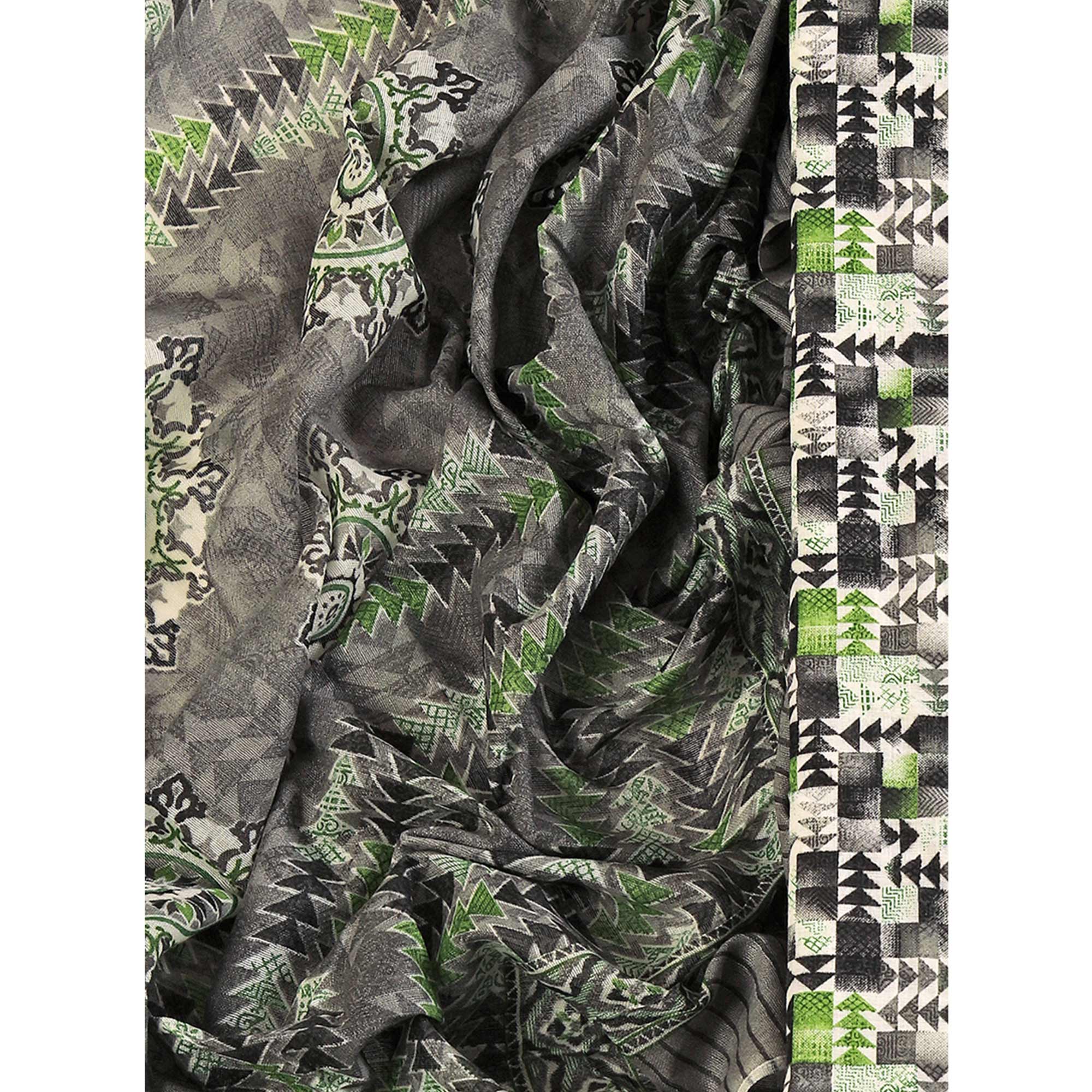 Cotton Dress Material Featuring a Grey and Green Palette with Artistic Geometric Patterns