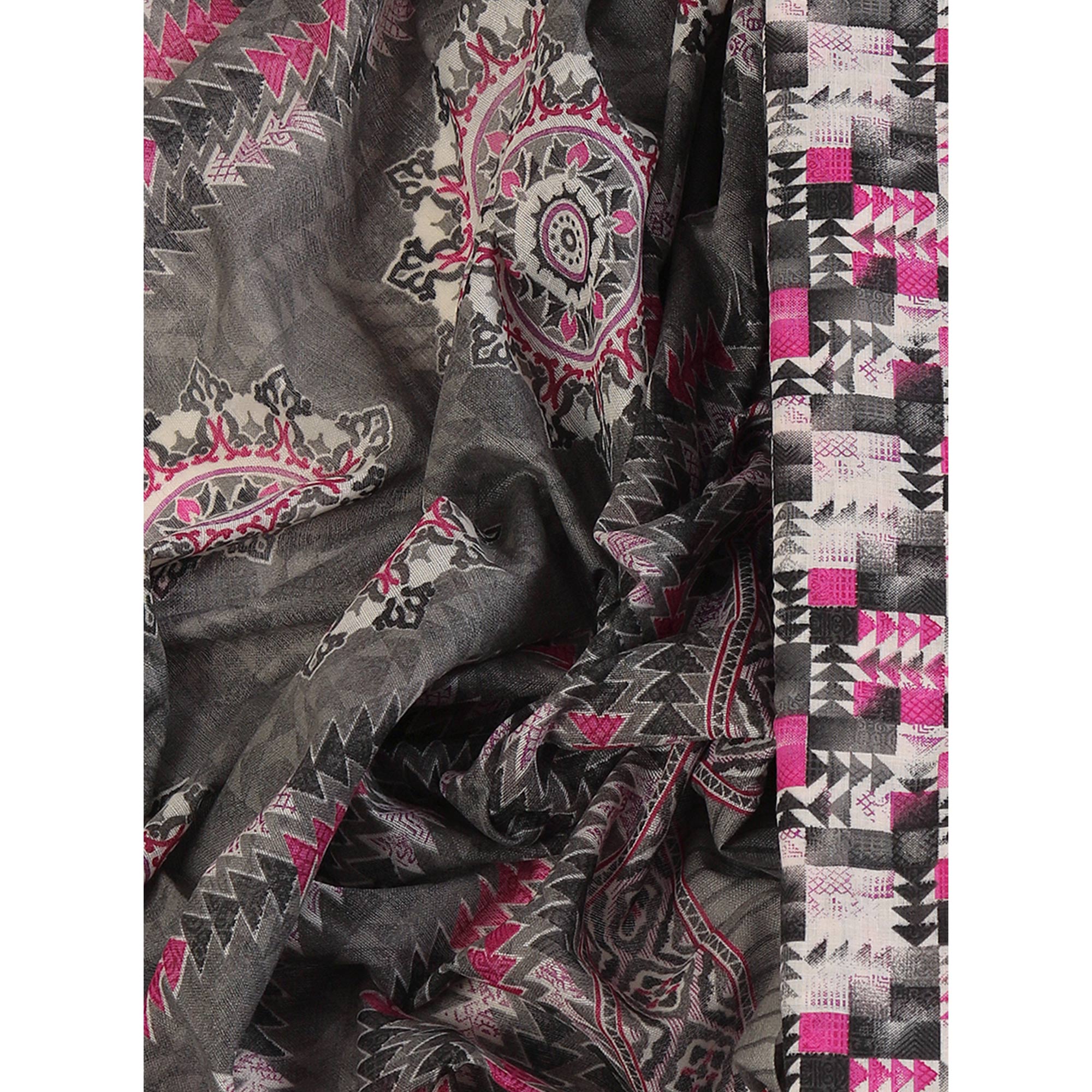 Cotton Dress Material Featuring a Grey and Pink Palette with Artistic Geometric Patterns