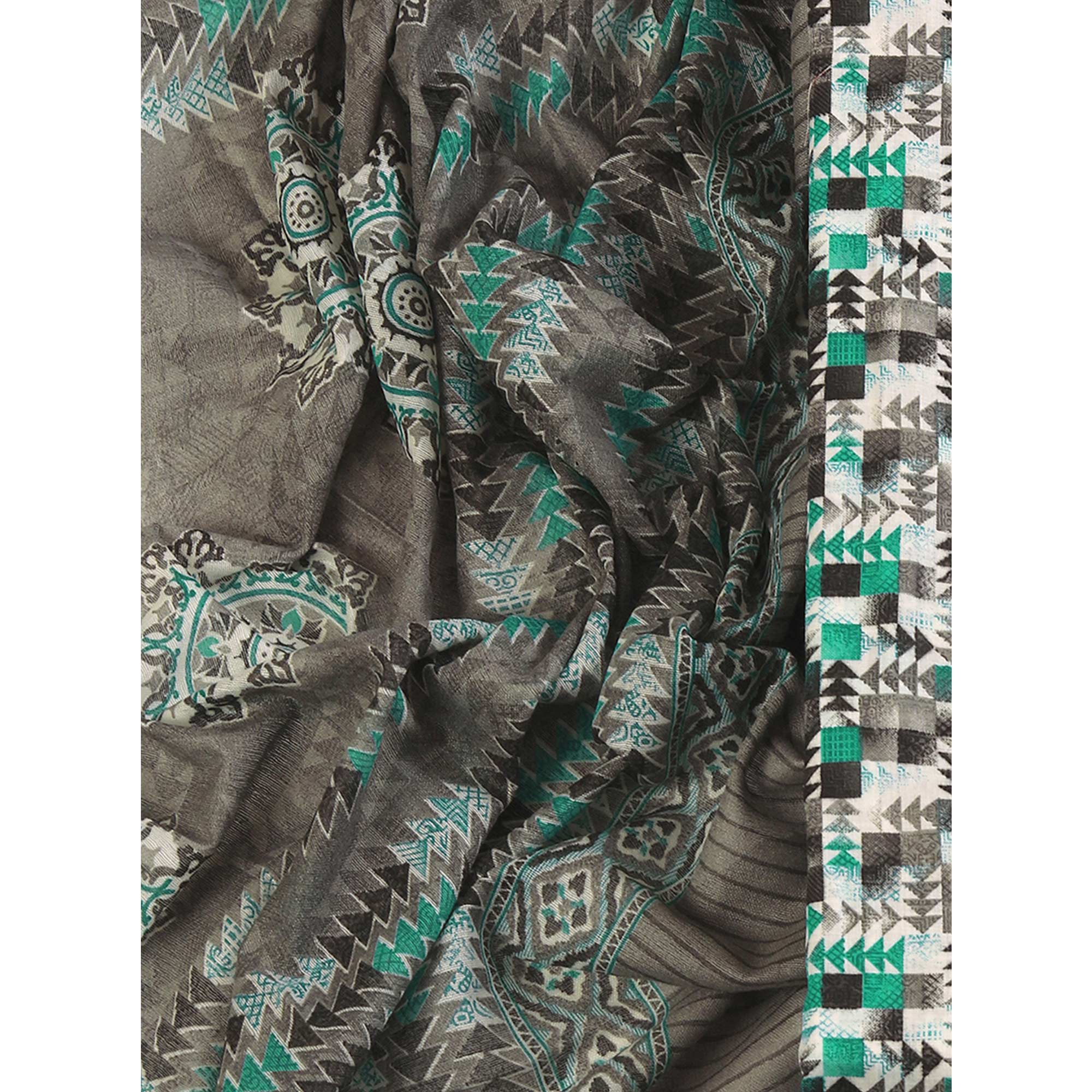 Cotton Dress Material Featuring a Grey and Rama Green Palette with Artistic Geometric Patterns