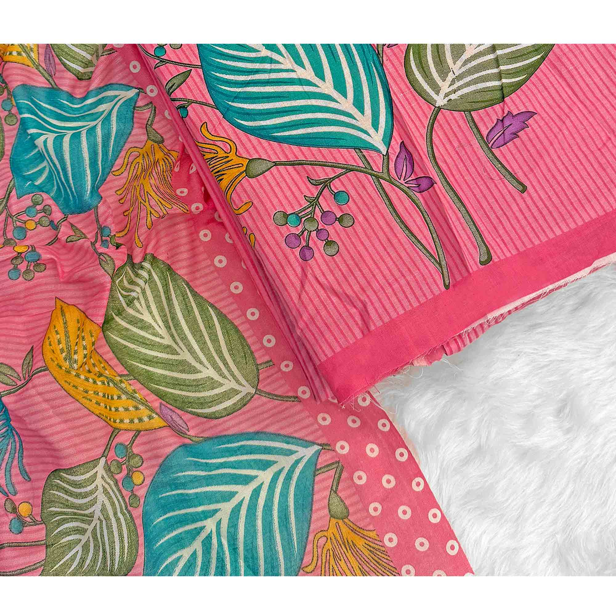 Pink Floral & Striped Printed Pure Cotton Dress Material With Elegant Detailing