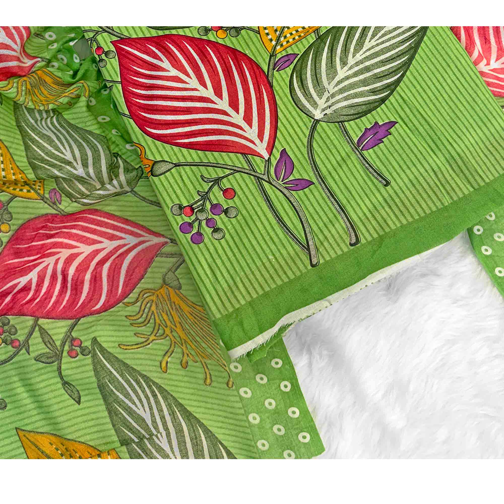 Green Floral & Striped Printed Pure Cotton Dress Material With Elegant Detailing