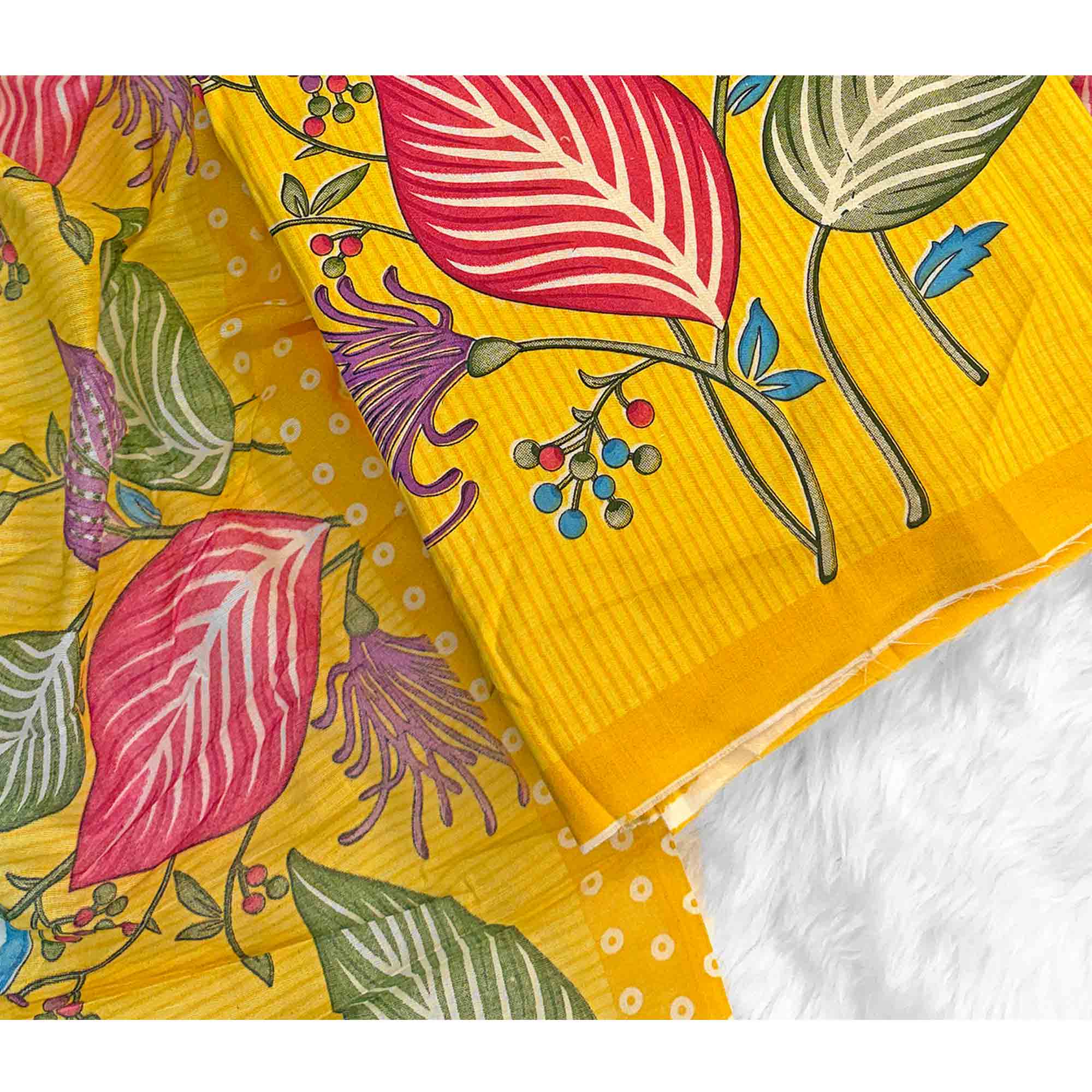 Yellow Floral & Striped Printed Pure Cotton Dress Material With Elegant Detailing