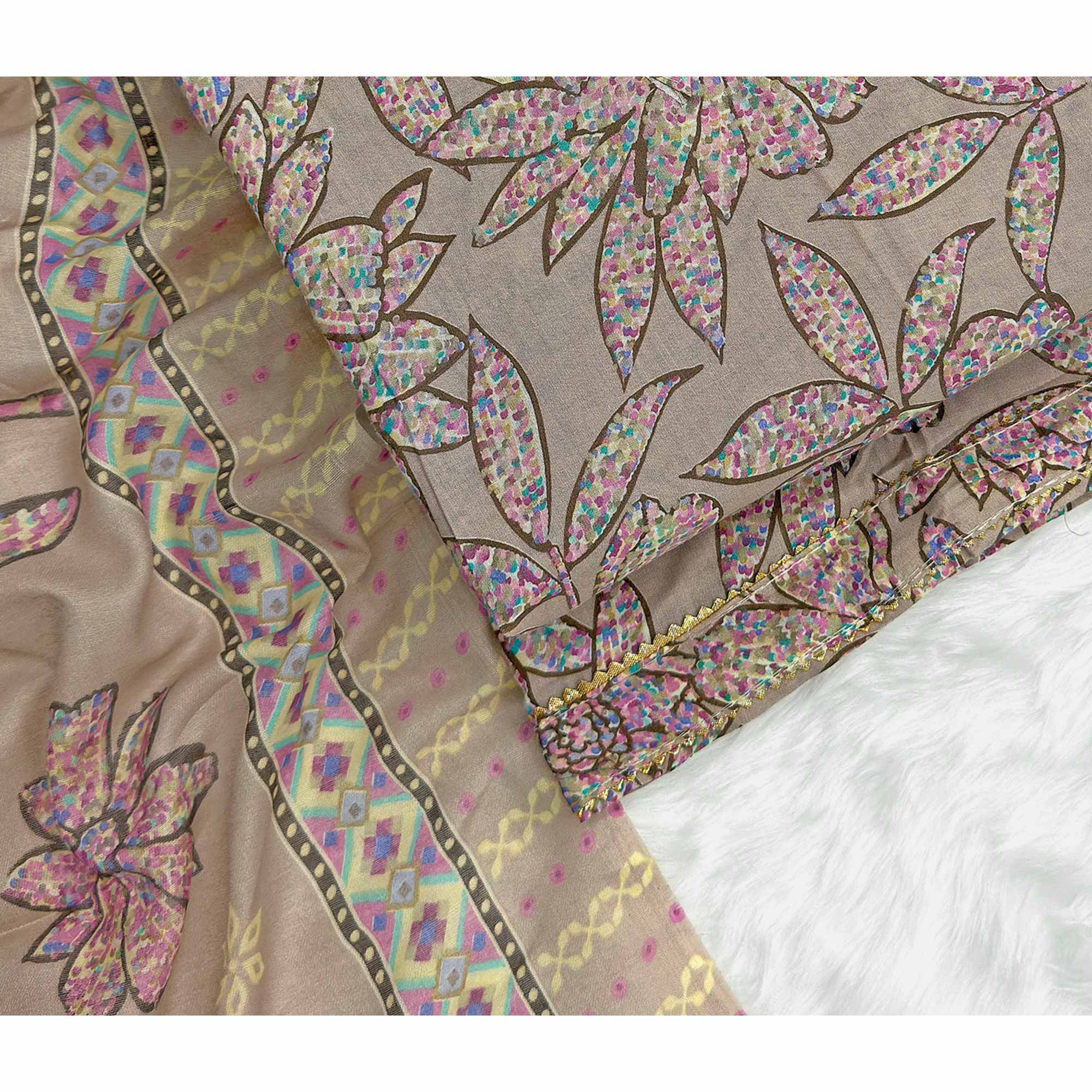 Brown & Pink Floral Printed Pure Cotton Dress Material With Elegant Everyday Appeal