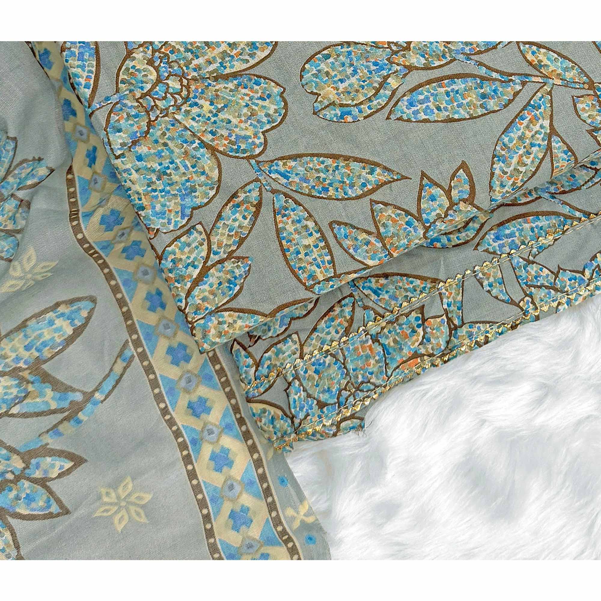 Dusty Blue Floral Printed Pure Cotton Dress Material With Elegant Everyday Appeal