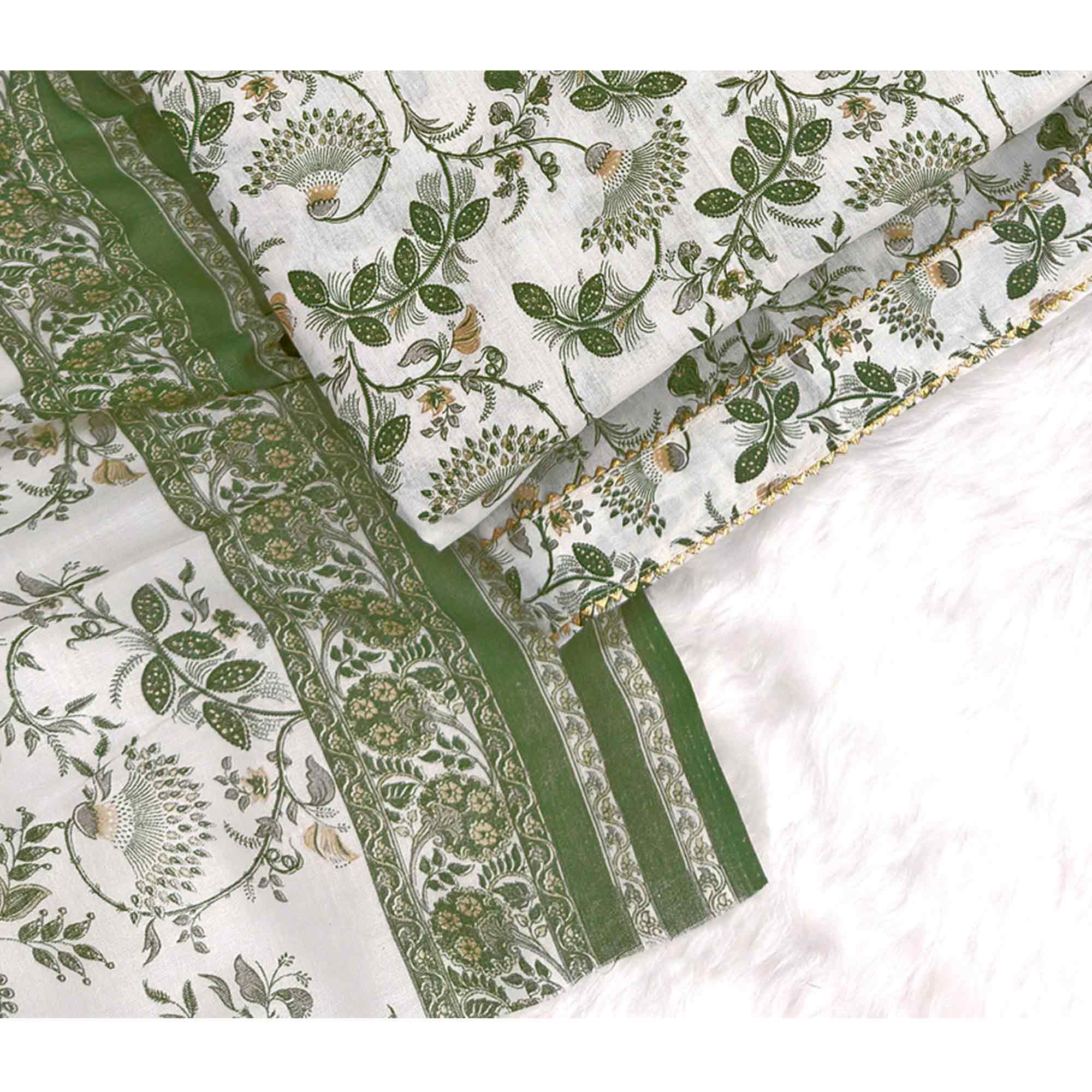 Elegant Green Floral Printed Pure Cotton Dress Material With Tie Neck & Fancy Button
