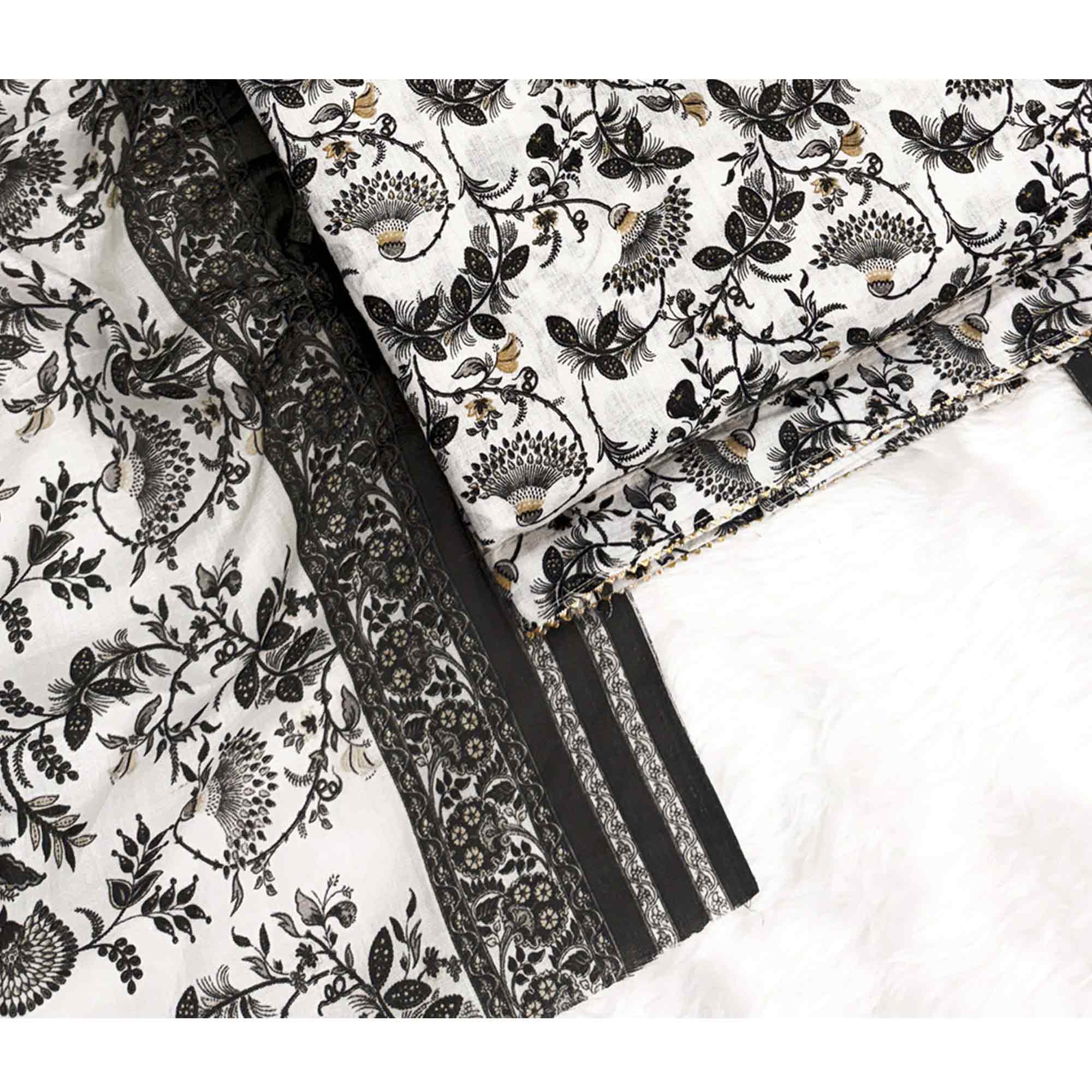 Elegant Black Floral Printed Pure Cotton Dress Material With Tie Neck & Fancy Button