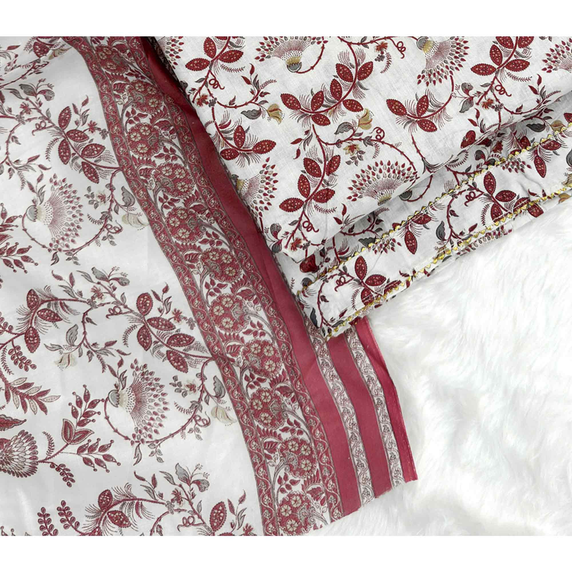 Elegant Maroon Floral Printed Pure Cotton Dress Material With Tie Neck & Fancy Button