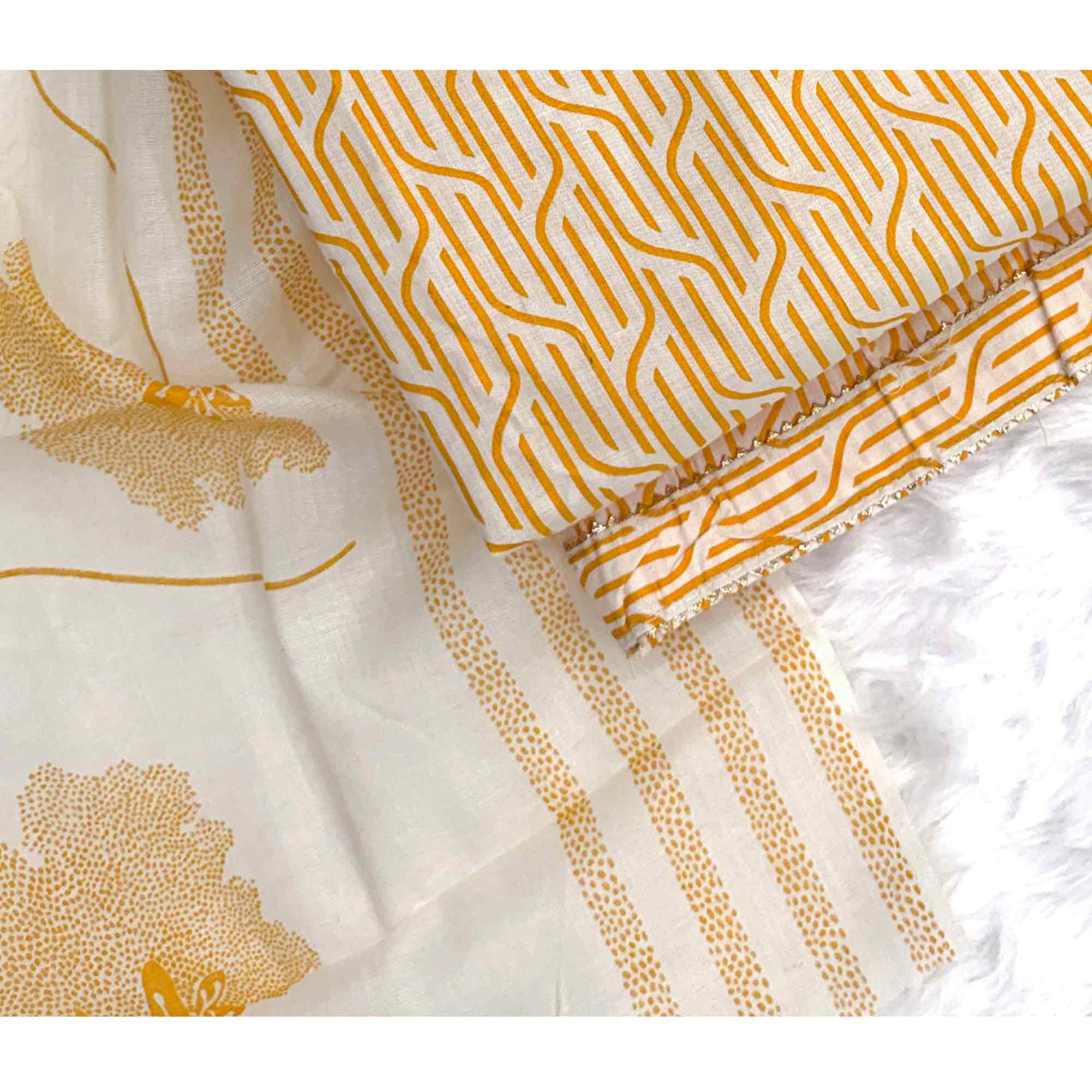 Trendy Mustard Geometric Print Pure Cotton Dress Material Featuring Stylish Tie Neck & Fancy Button