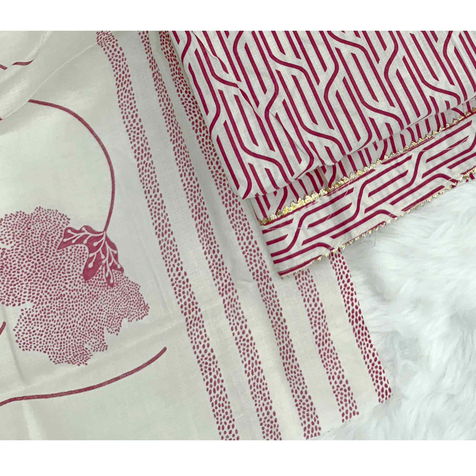 Trendy Rani Pink Geometric Print Pure Cotton Dress Material With Stylish Tie Neck & Fancy Button