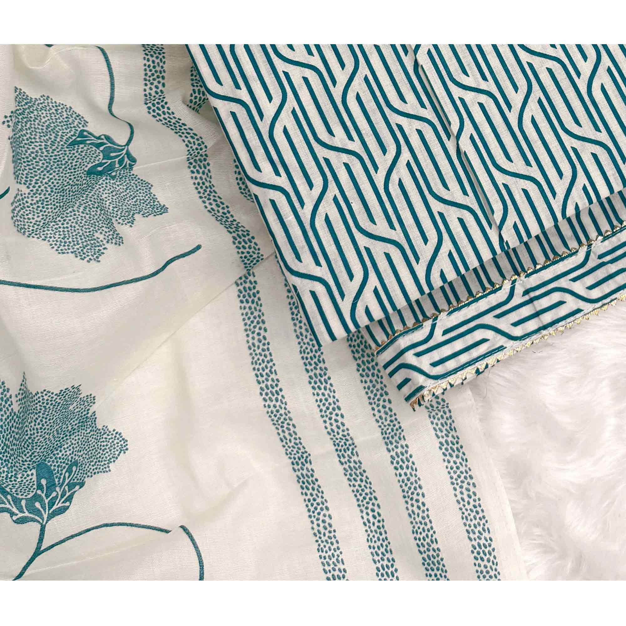 Trendy Teal Geometric Print Pure Cotton Dress Material Featuring Stylish Tie Neck & Fancy Button