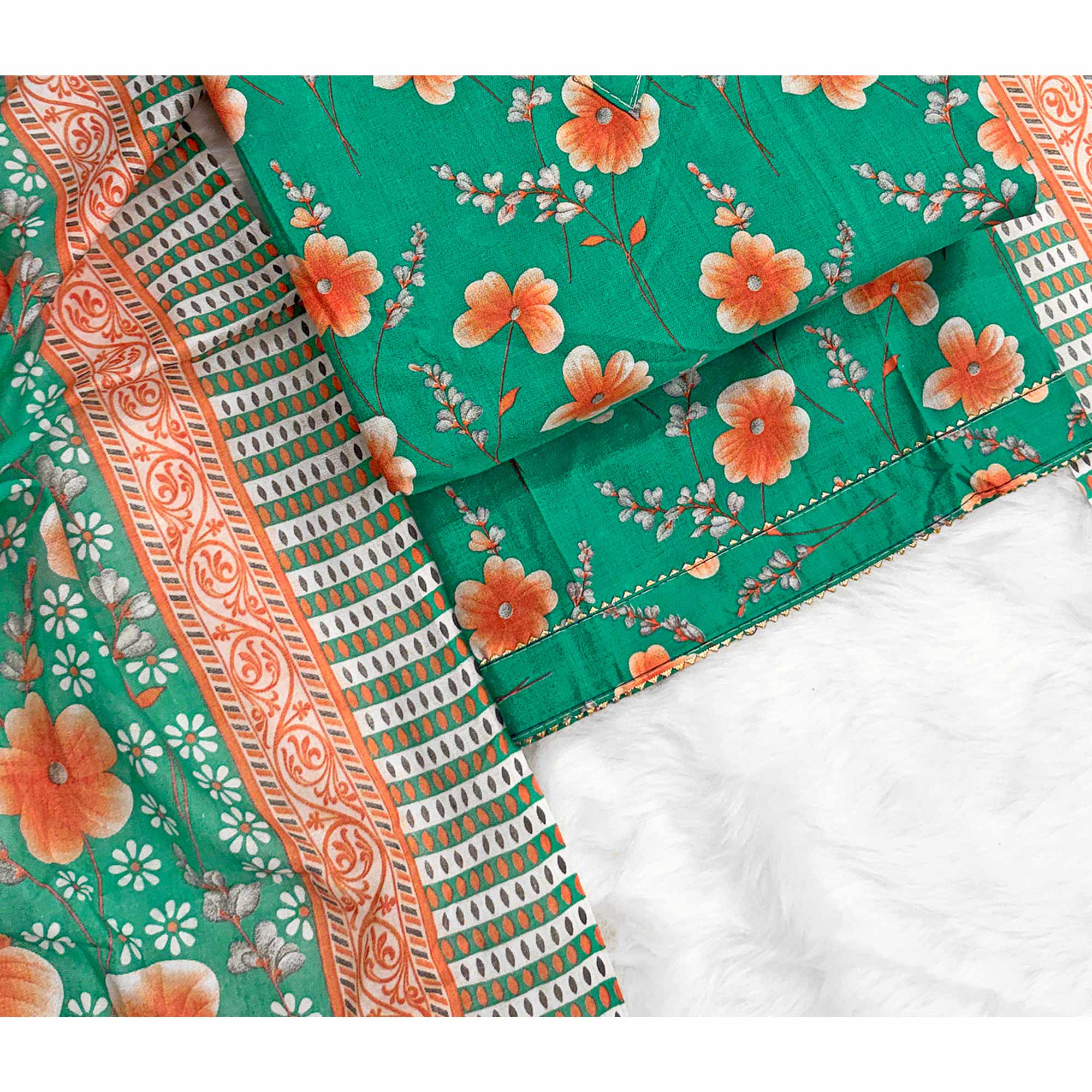 Green Floral Printed Pure Cotton Dress Material With Stylish Tie Neck & Fancy Button Work