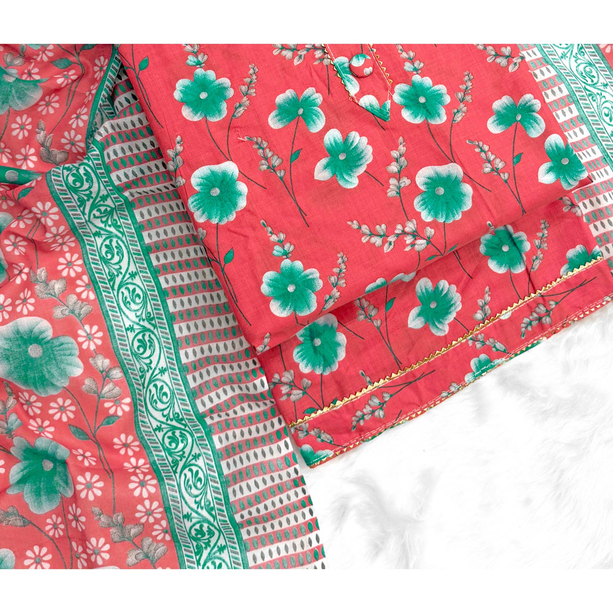 Red Floral Printed Pure Cotton Dress Material With Stylish Tie Neck & Fancy Button Work