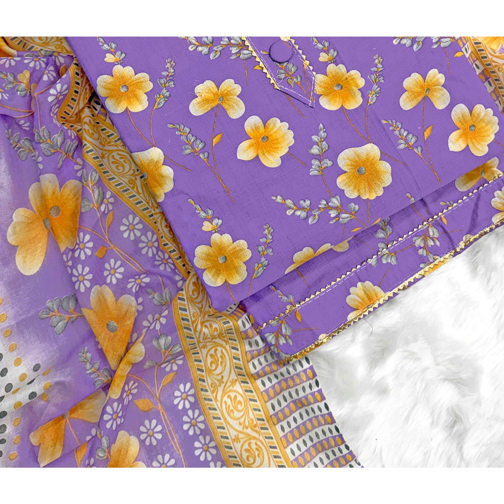 Lavender Floral Printed Pure Cotton Dress Material With Stylish Tie Neck & Fancy Button Work