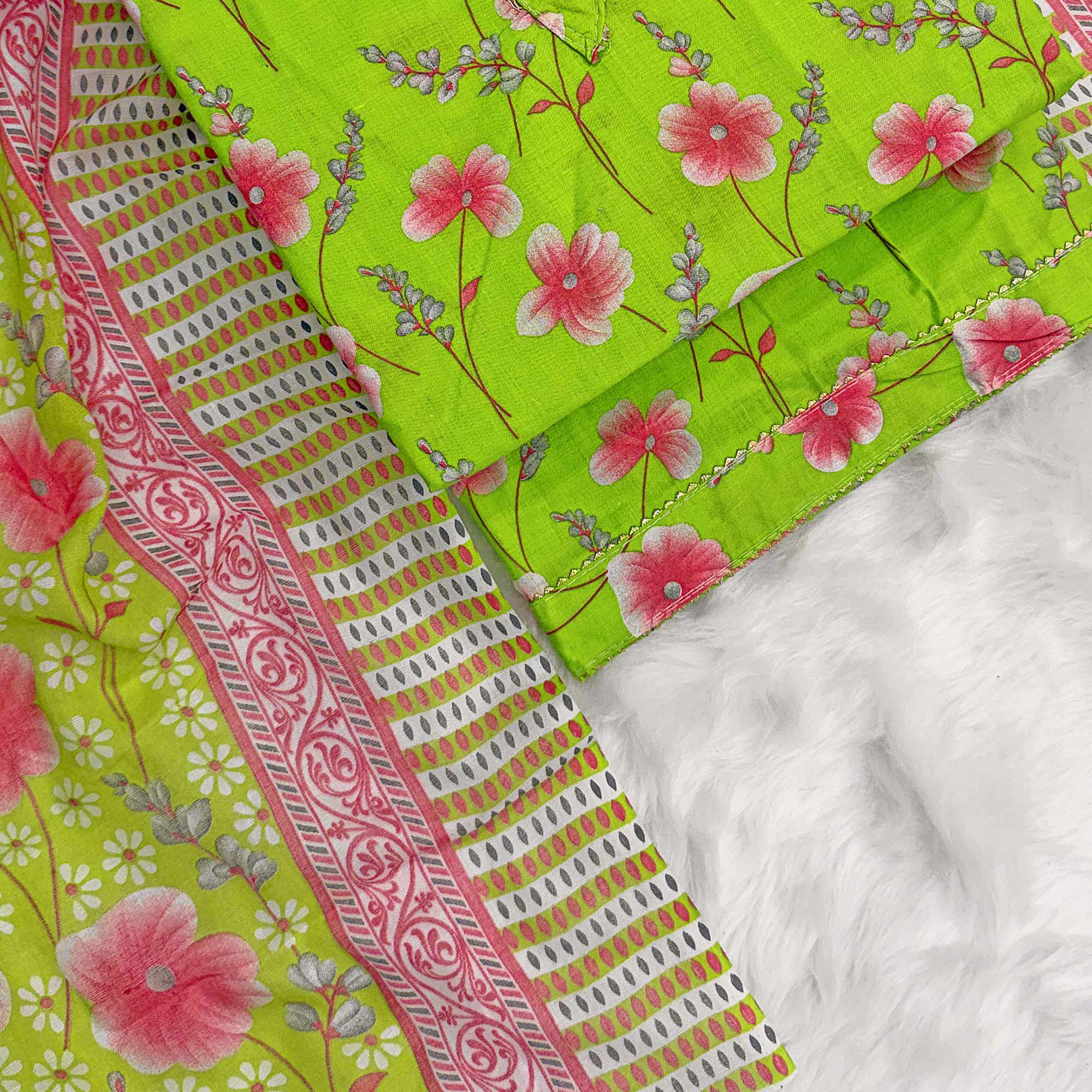 Parrot Green Floral Printed Pure Cotton Dress Material With Stylish Tie Neck & Fancy Button Work