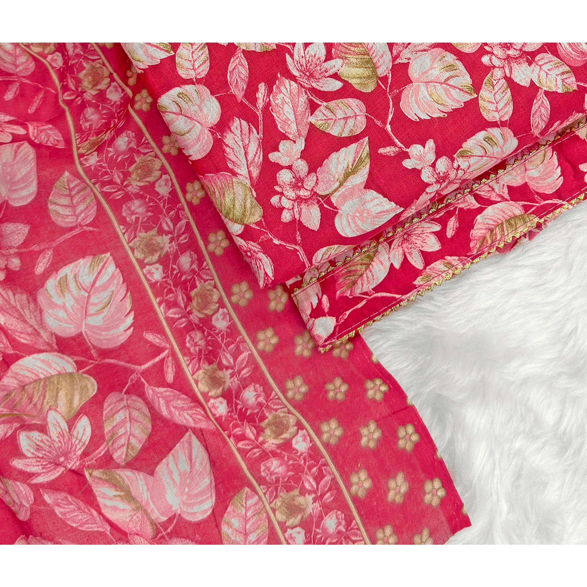 Cherry Red Pure Cotton Dress Material Featuring Floral Print With Tie On Neck & Fancy Button