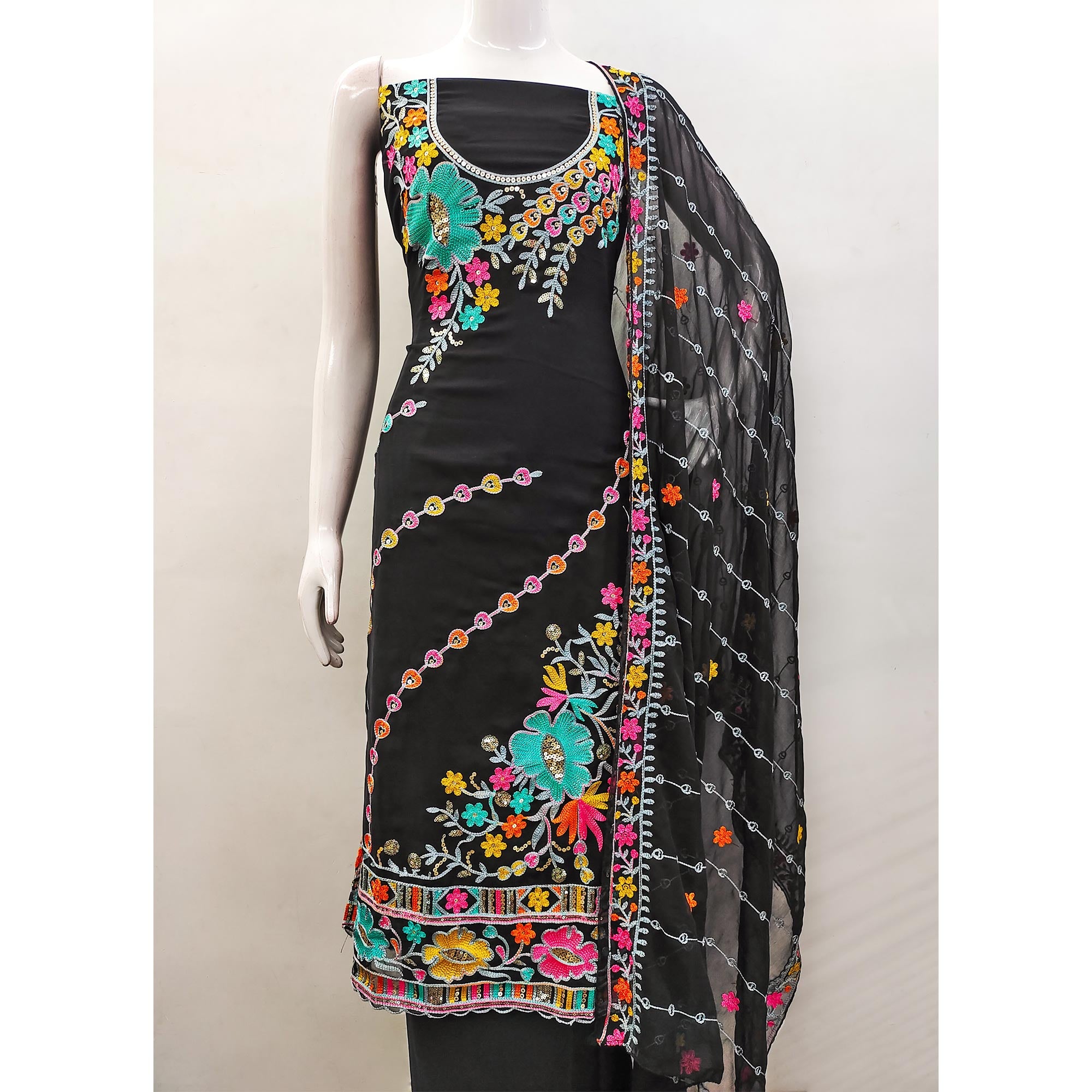 Black Floral Sequins Embroidered Georgette Dress Material