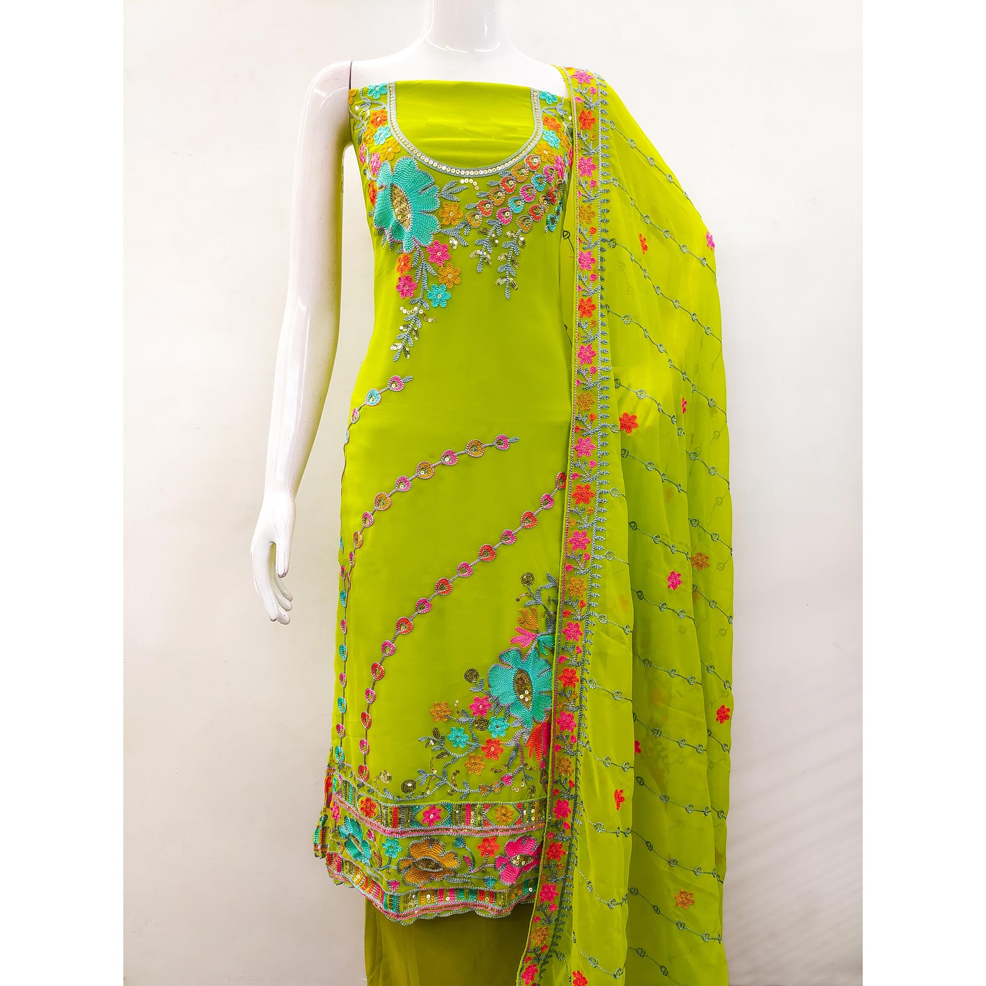 Green Floral Sequins Embroidered Georgette Dress Material