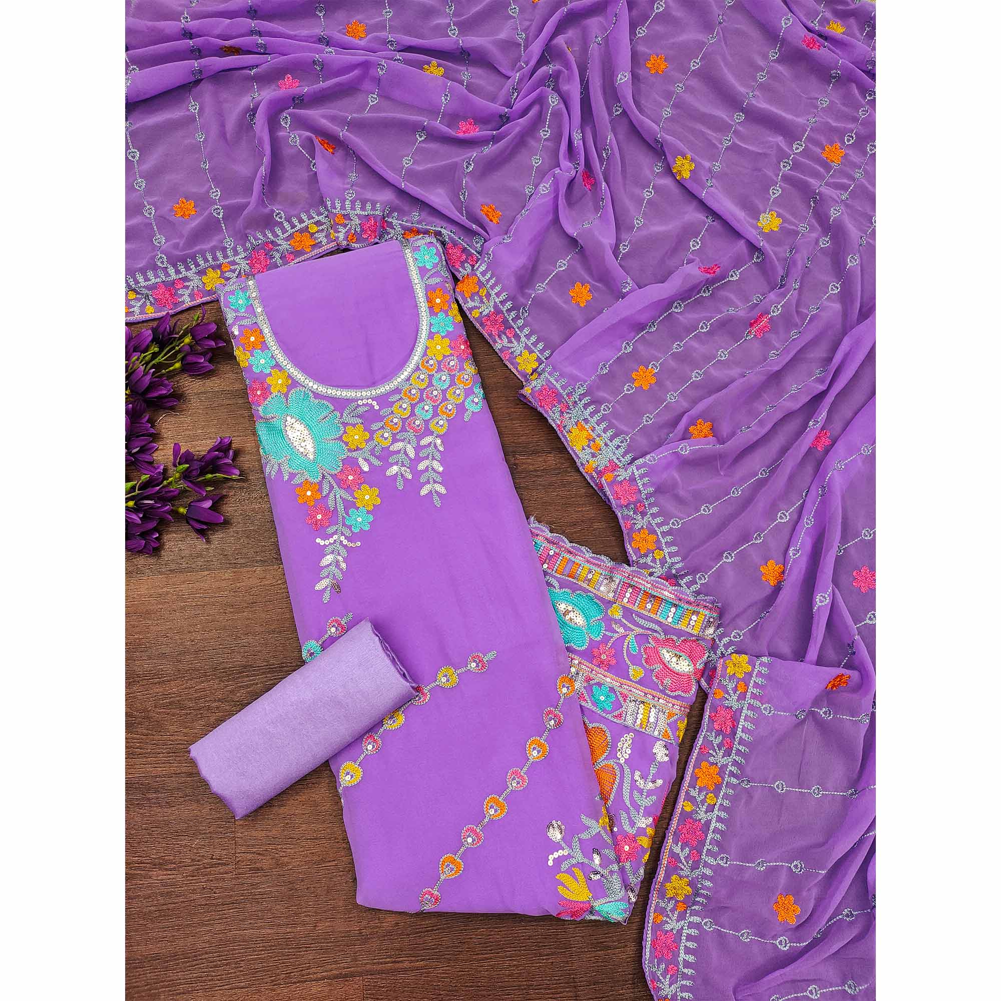 Lavender Floral Sequins Embroidered Georgette Dress Material