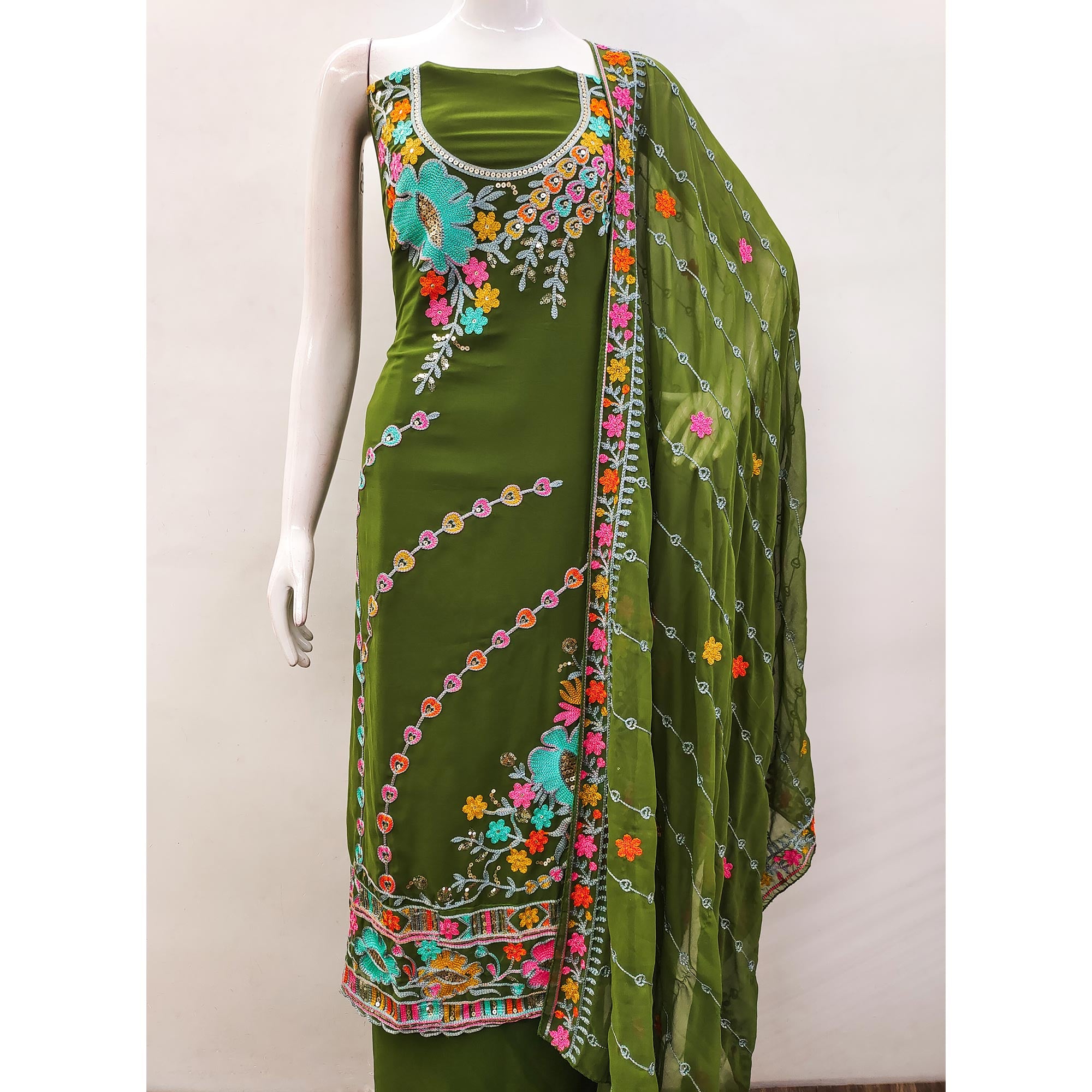 Mehendi Green Floral Sequins Embroidered Georgette Dress Material