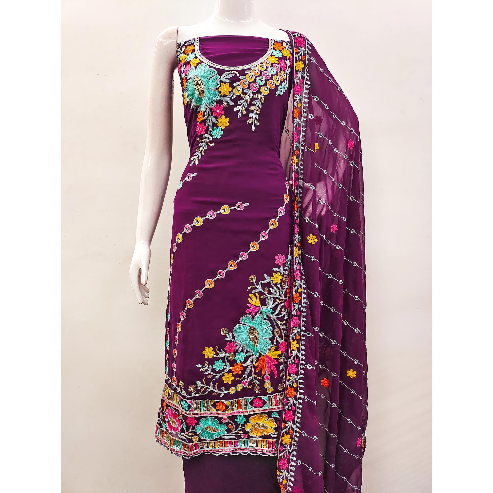 Purple Floral Sequins Embroidered Georgette Dress Material