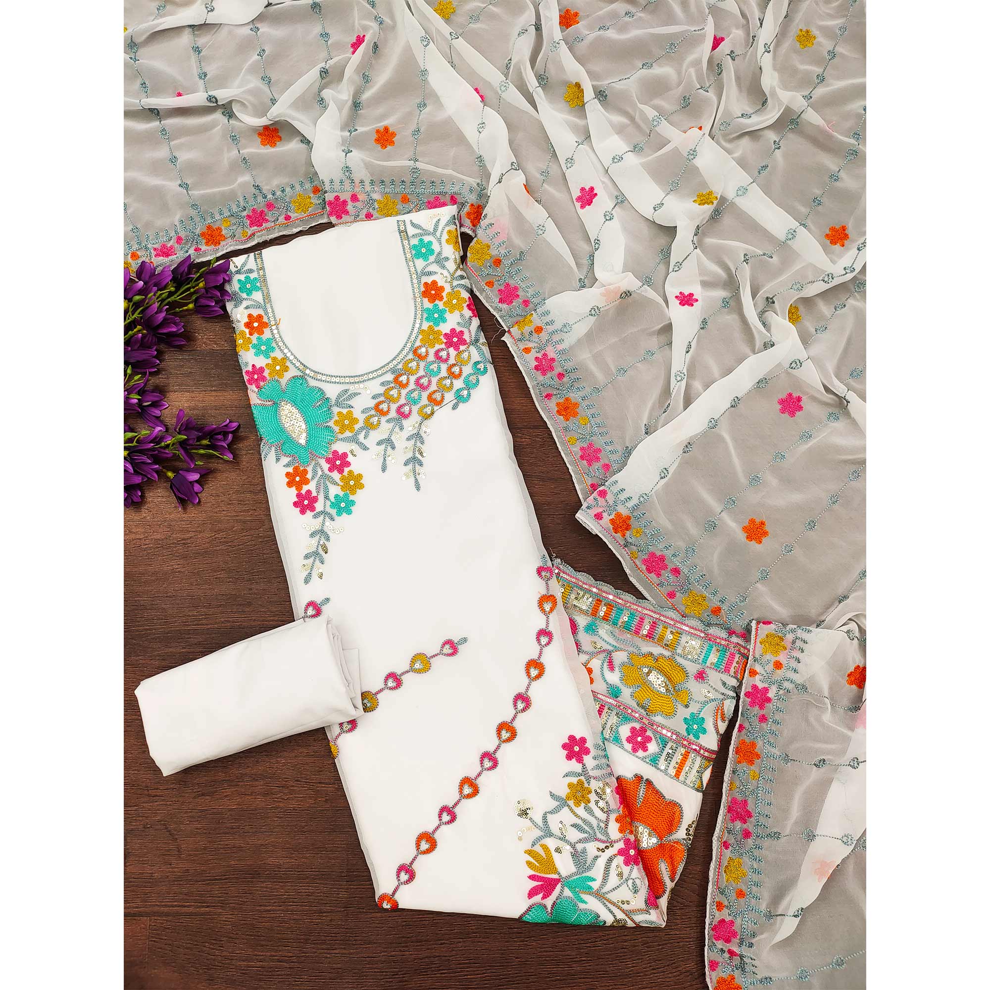 White Floral Sequins Embroidered Georgette Dress Material