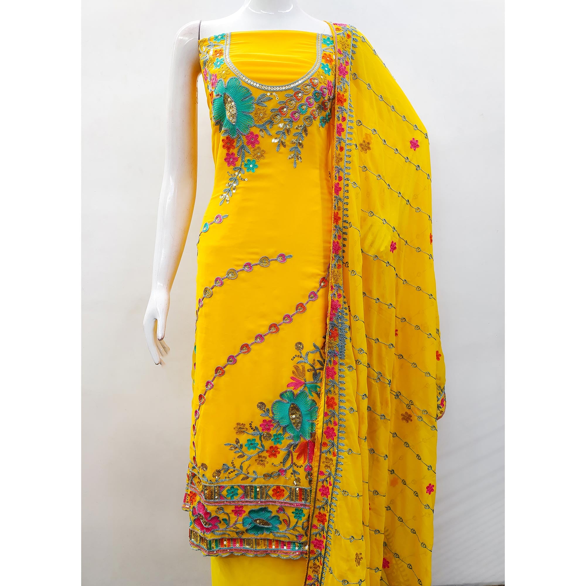 Yellow Floral Sequins Embroidered Georgette Dress Material