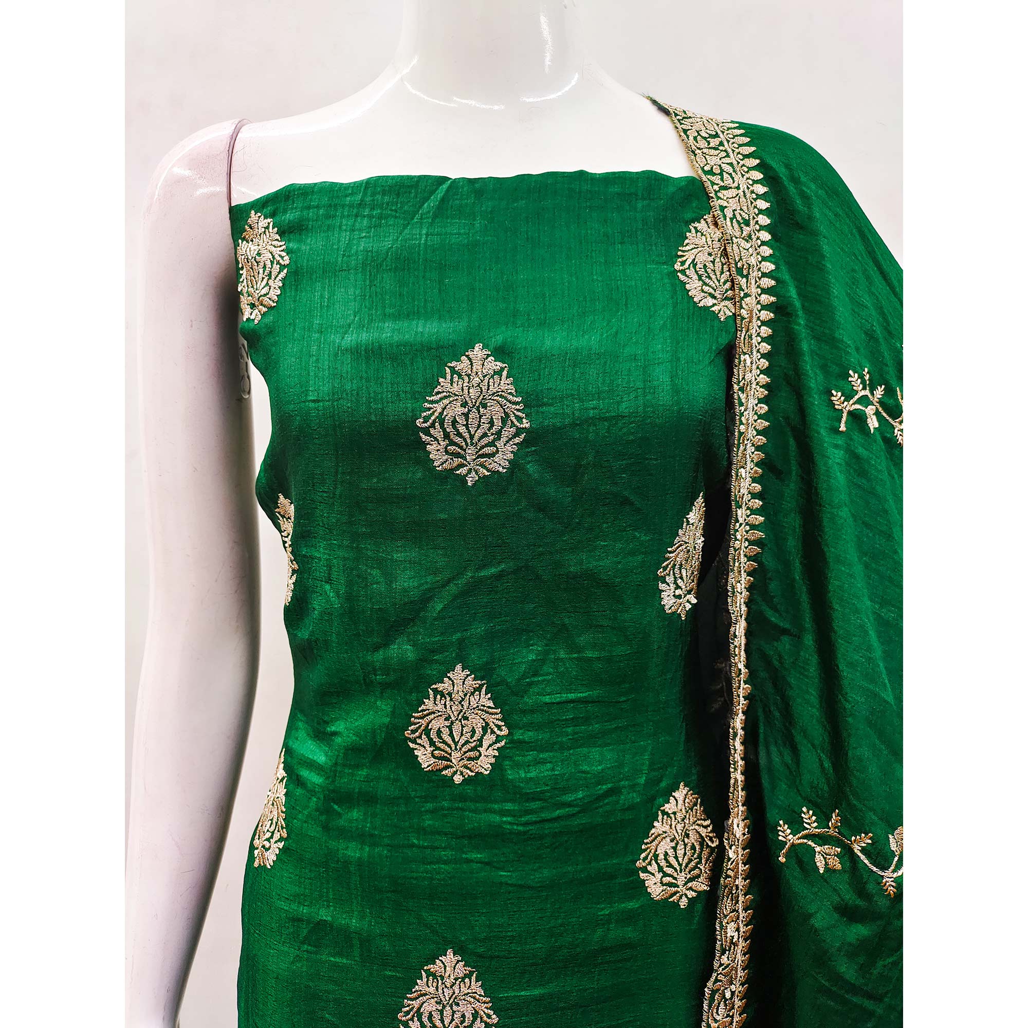 Green Floral Embroidered Vichitra Silk Dress Material