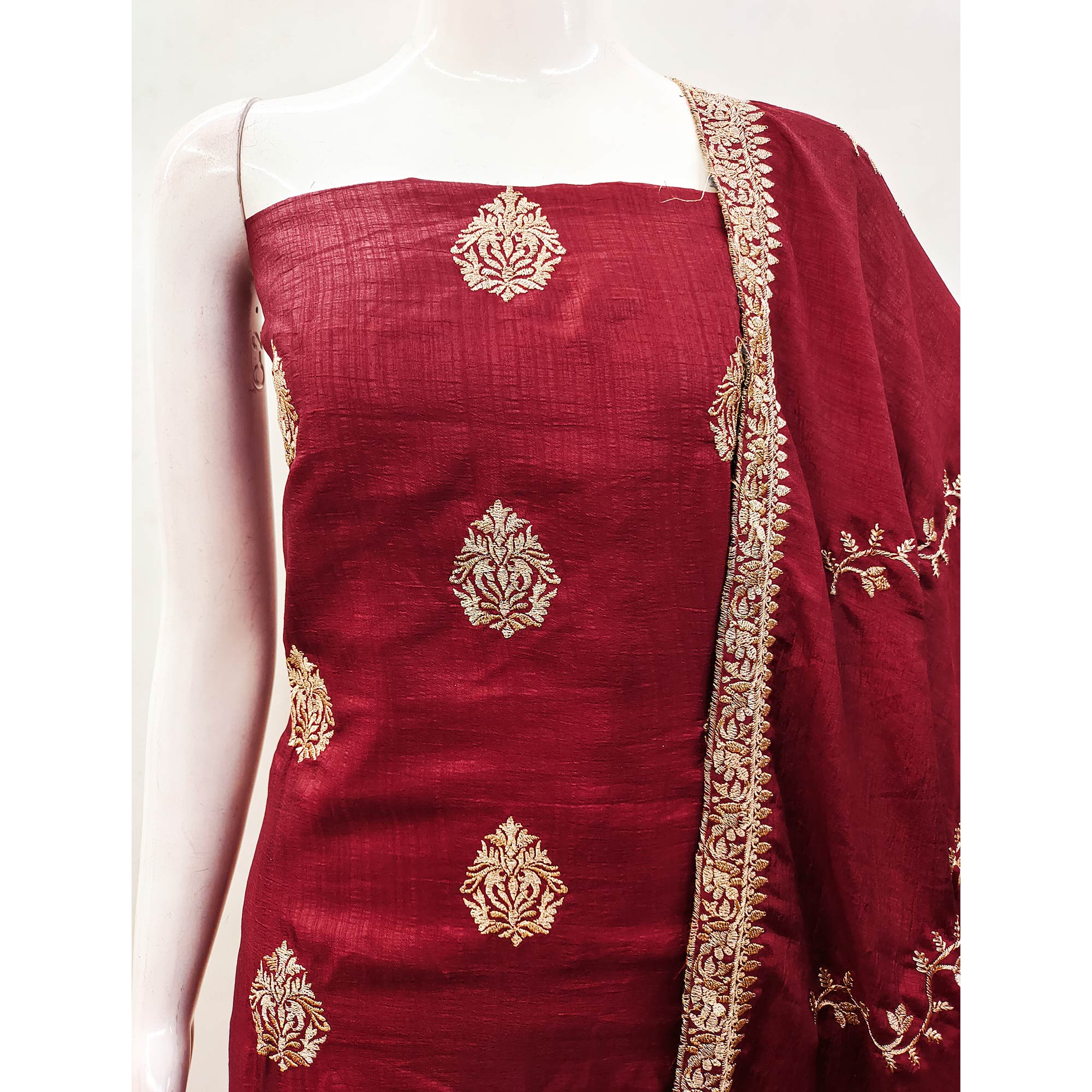 Maroon Floral Embroidered Vichitra Silk Dress Material