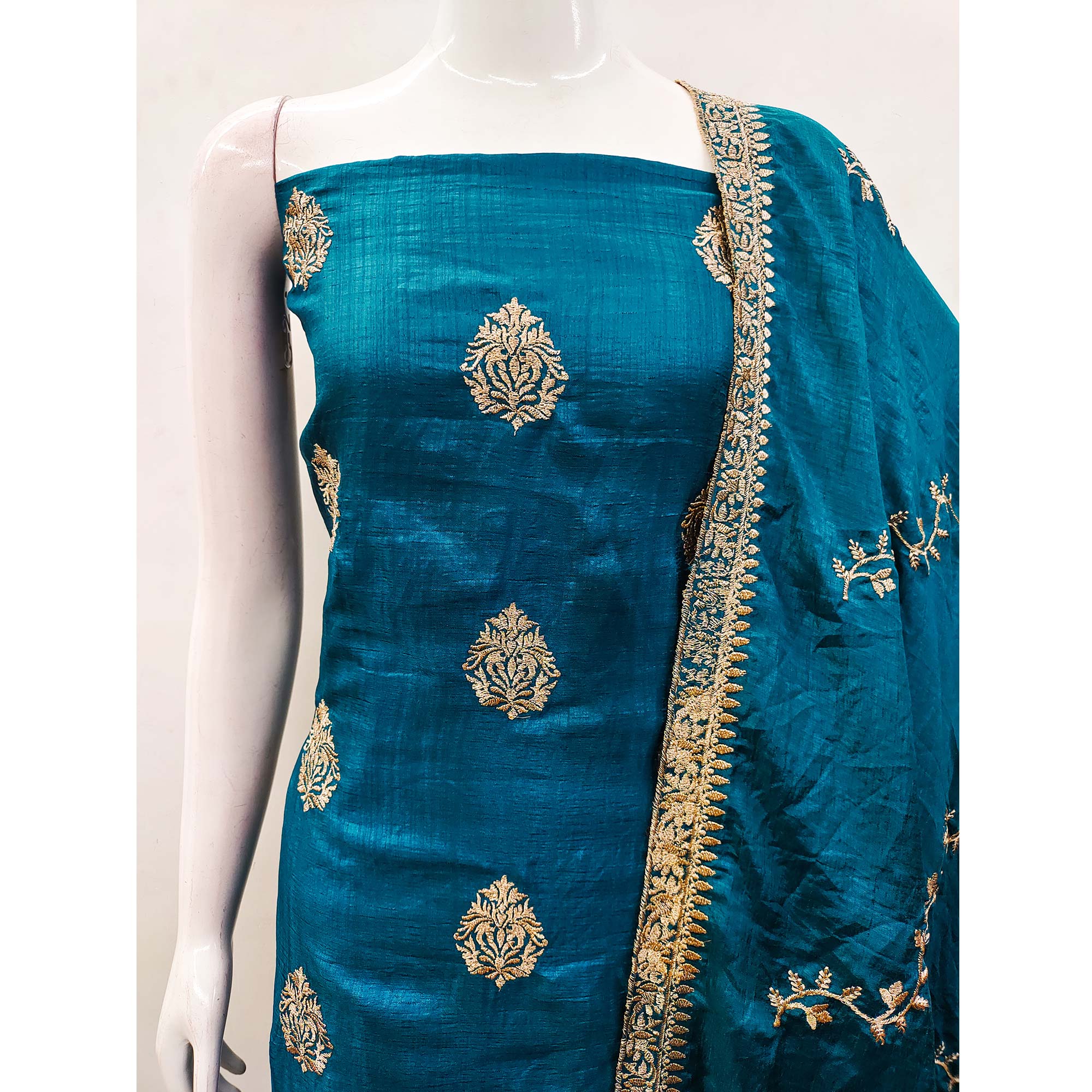 Morpich Floral Embroidered Vichitra Silk Dress Material