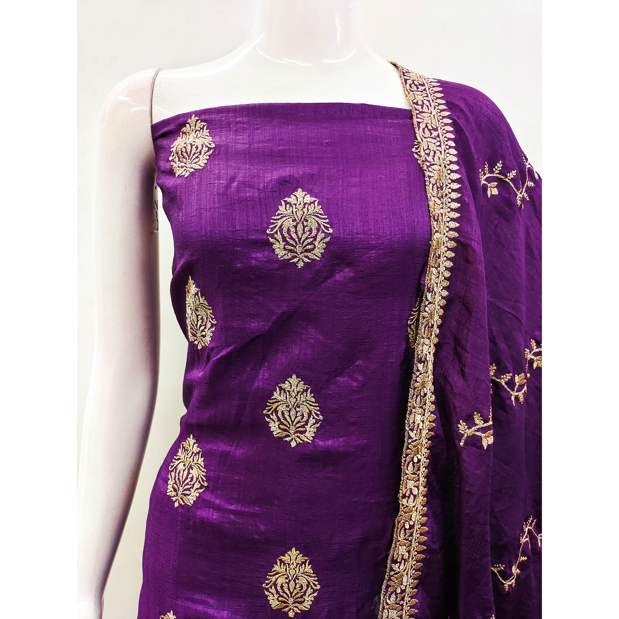 Purple Floral Embroidered Vichitra Silk Dress Material