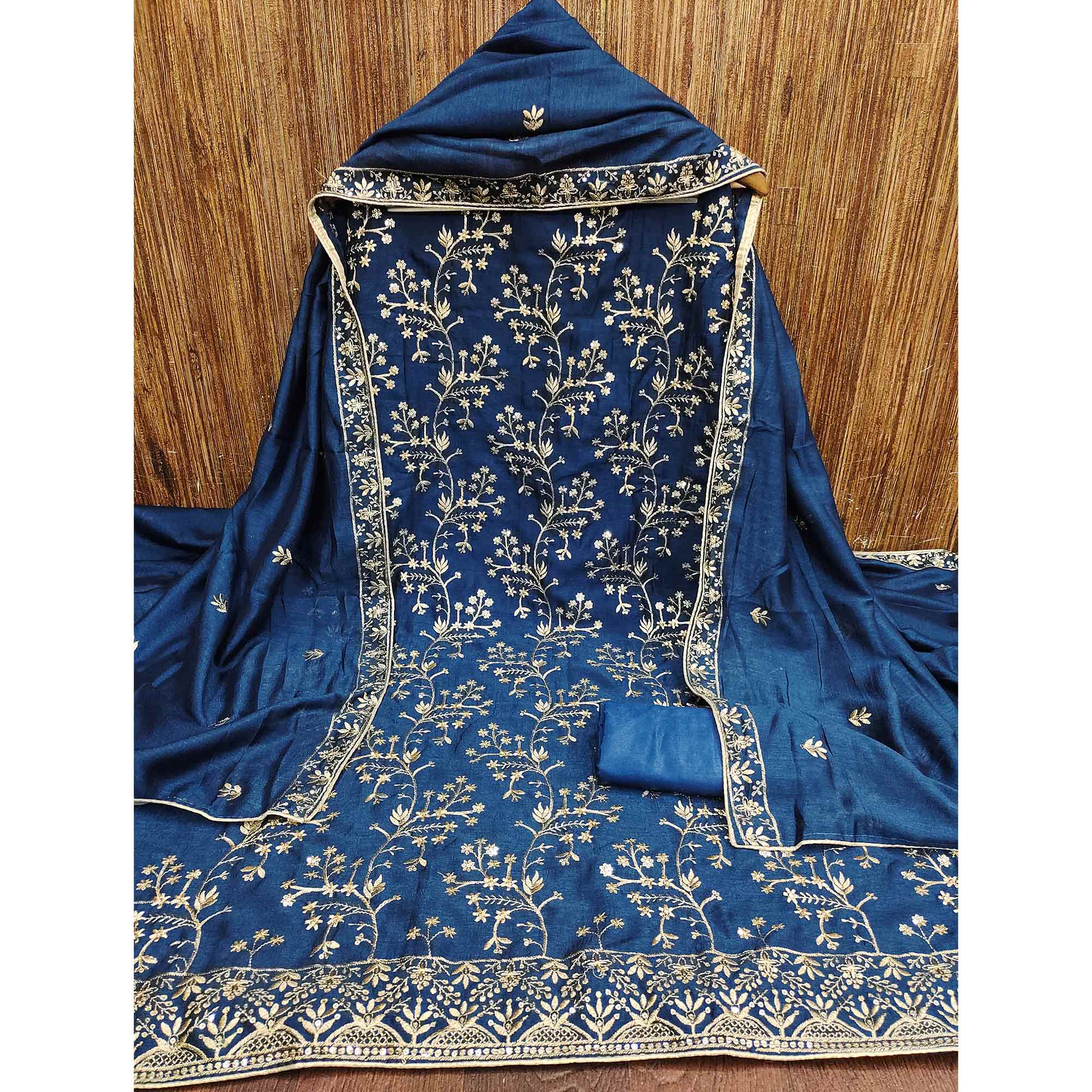 Blue Floral Embroidered Vichitra Silk Dress Material