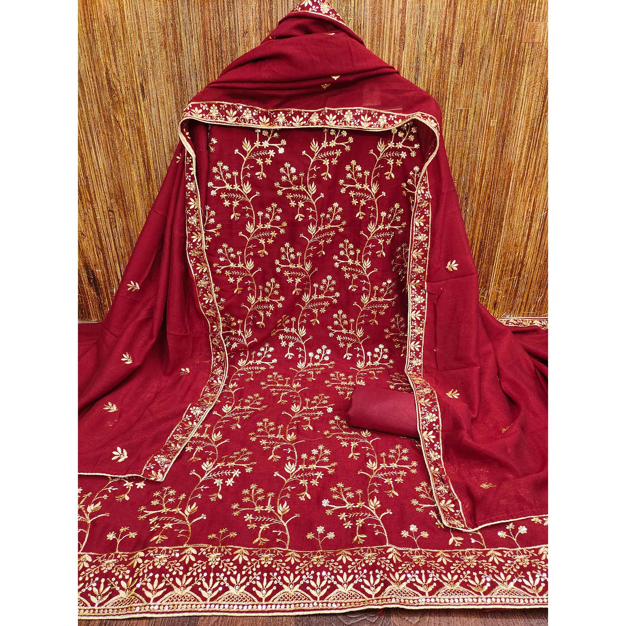 Maroon Floral Embroidered Vichitra Silk Dress Material