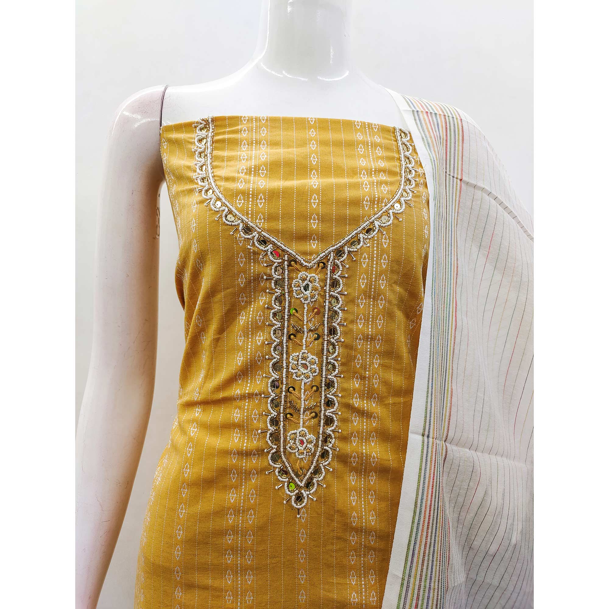 Yellow Woven With Handwork Cotton Blend Dress Material