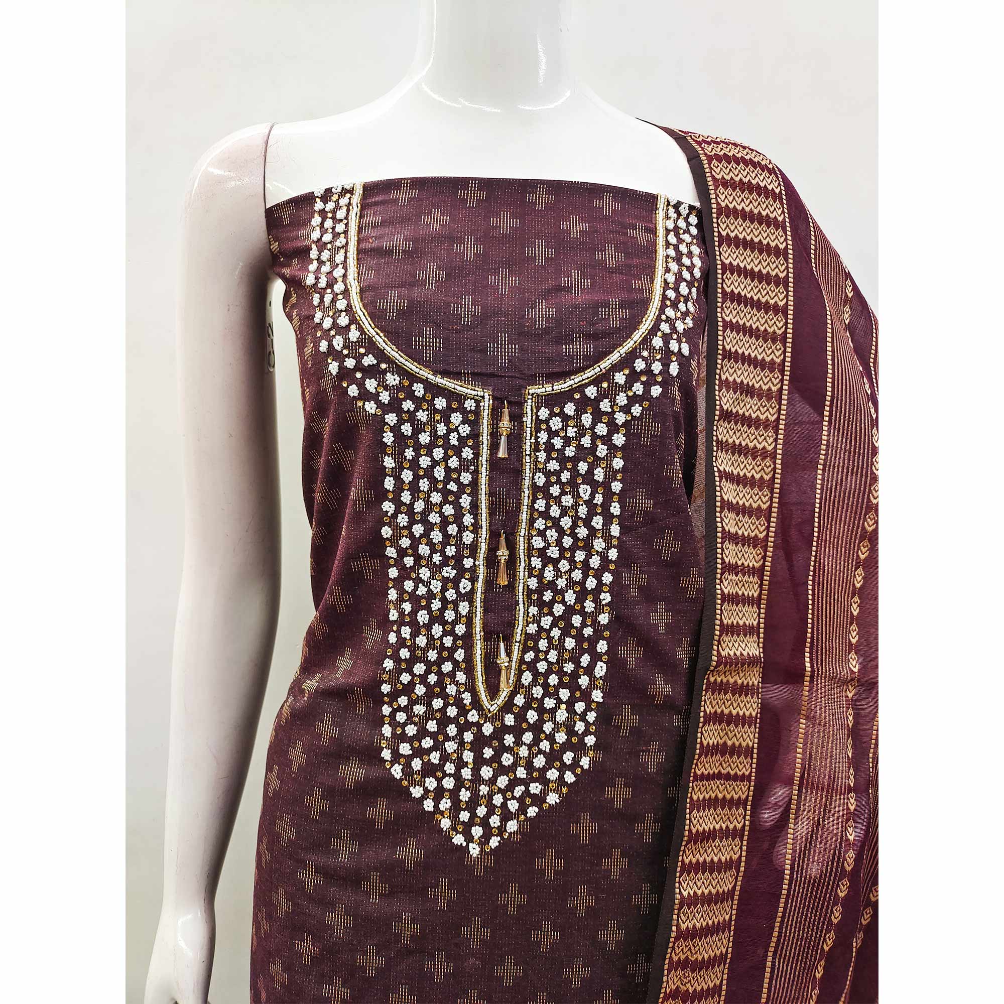 Wine Woven With Handwork Cotton Blend Dress Material