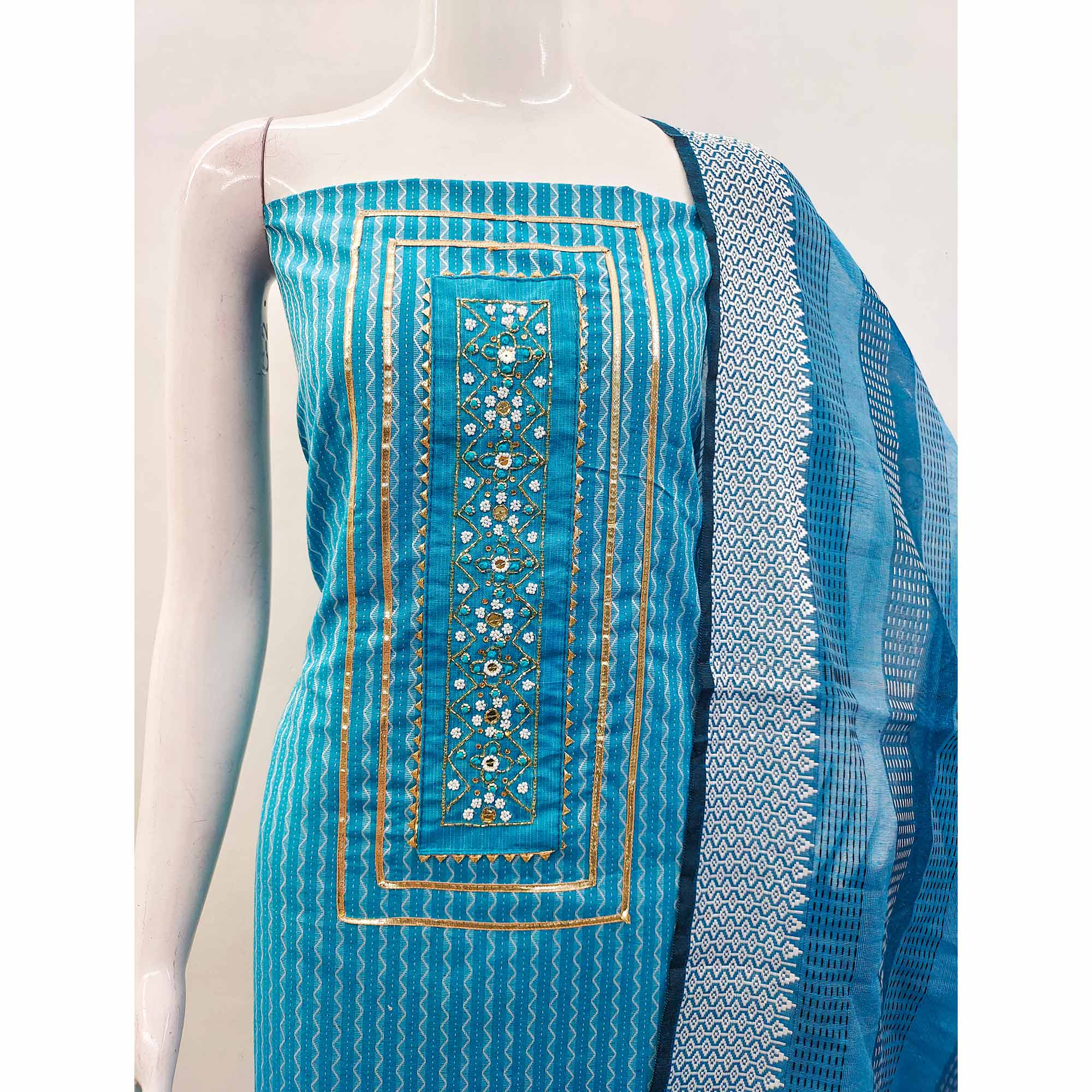 Blue Woven With Handwork Cotton Blend Dress Material