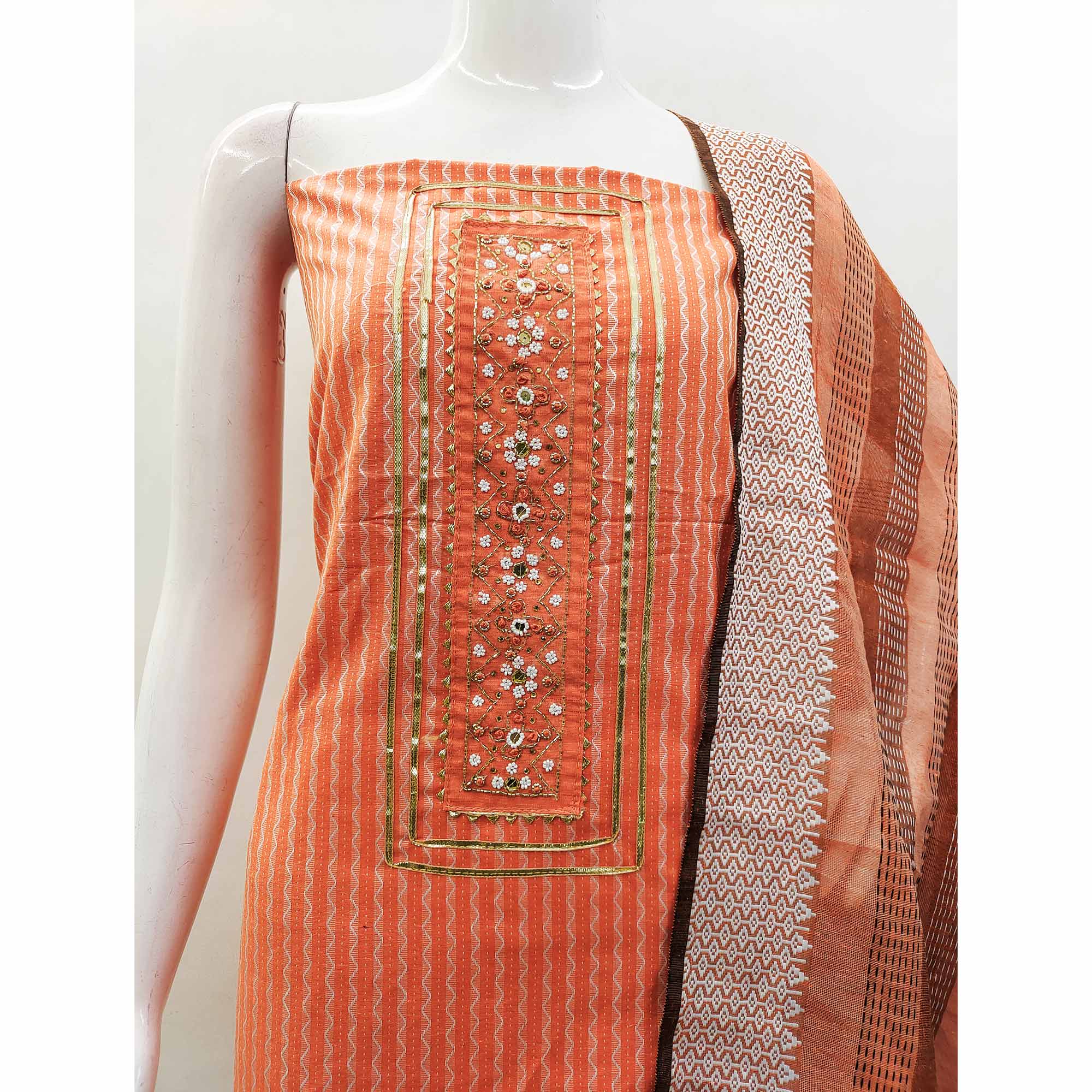 Orange Woven With Handwork Cotton Blend Dress Material