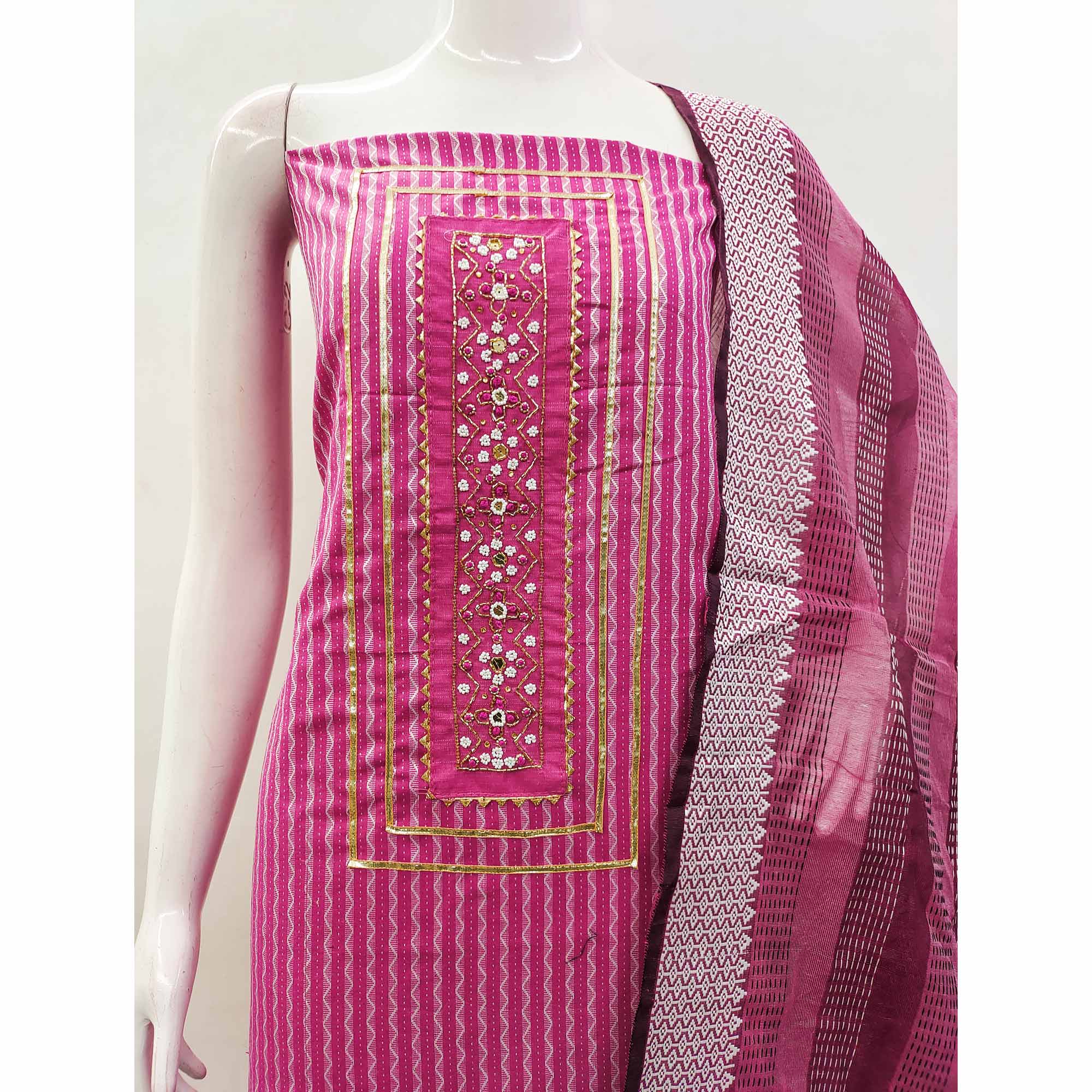 Pink Woven With Handwork Cotton Blend Dress Material