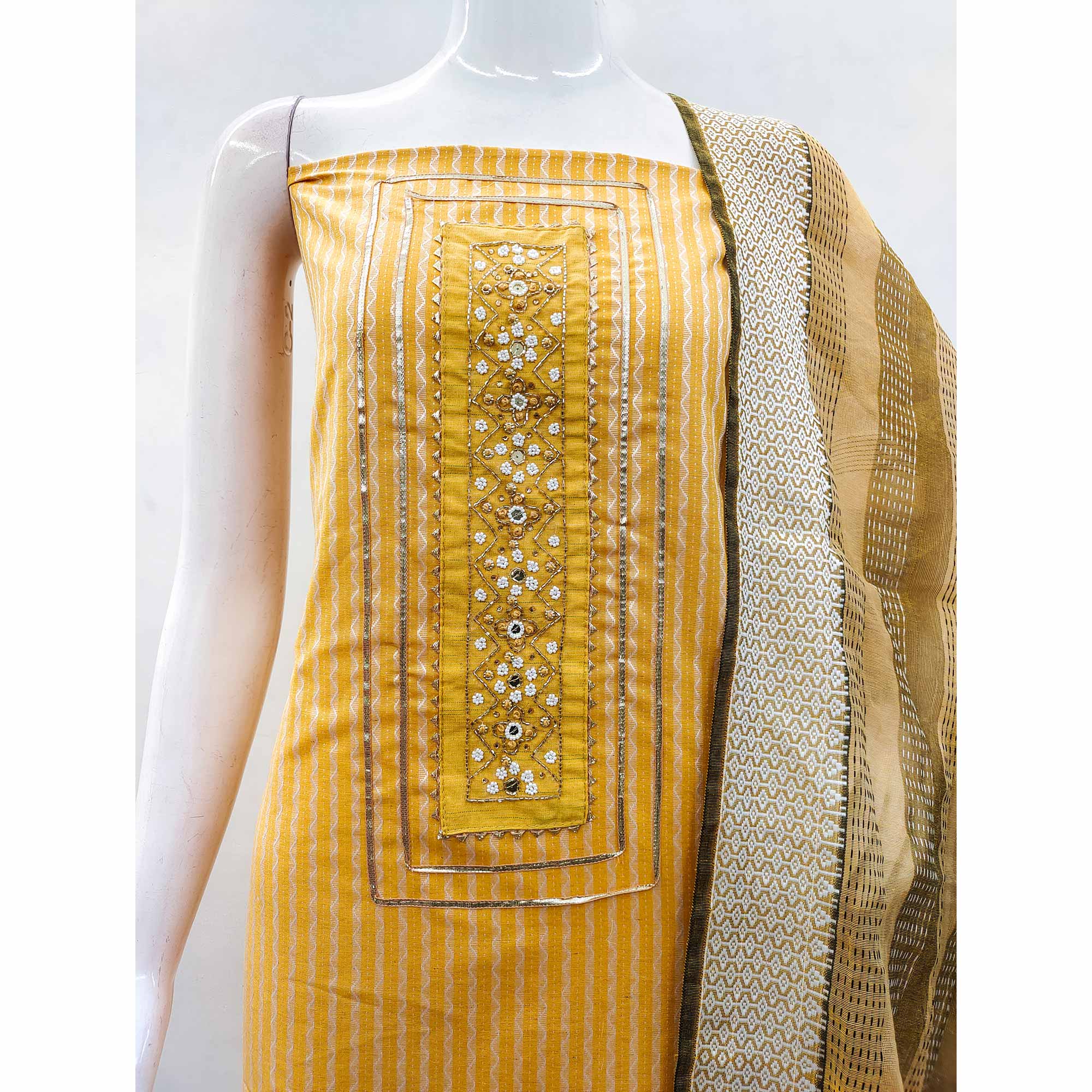 Yellow Woven With Handwork Cotton Blend Dress Material